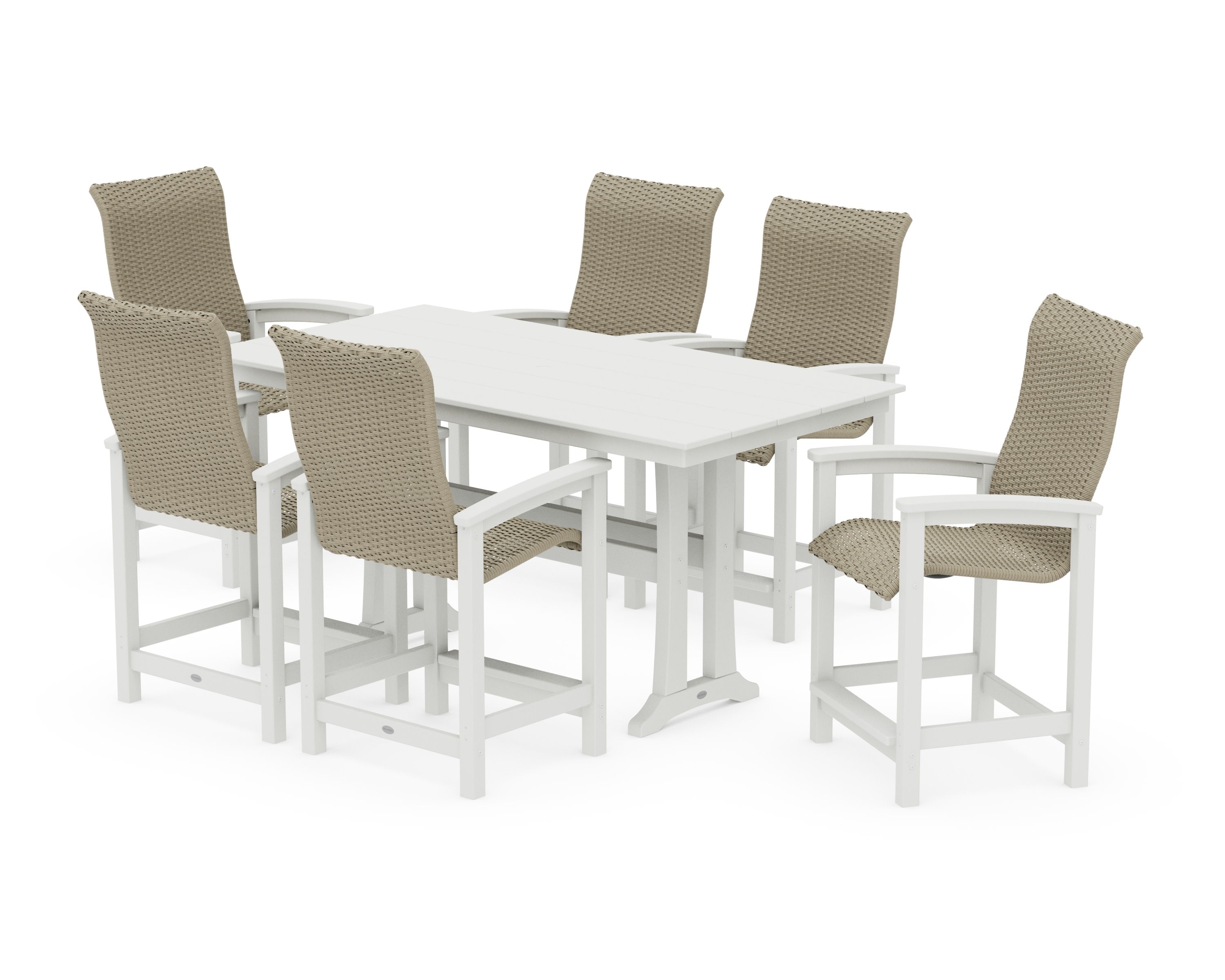 Coastal Woven High-Back Arm Chair 7-Piece Farmhouse Counter Set with Trestle Legs in Vintage White / Dune Grass