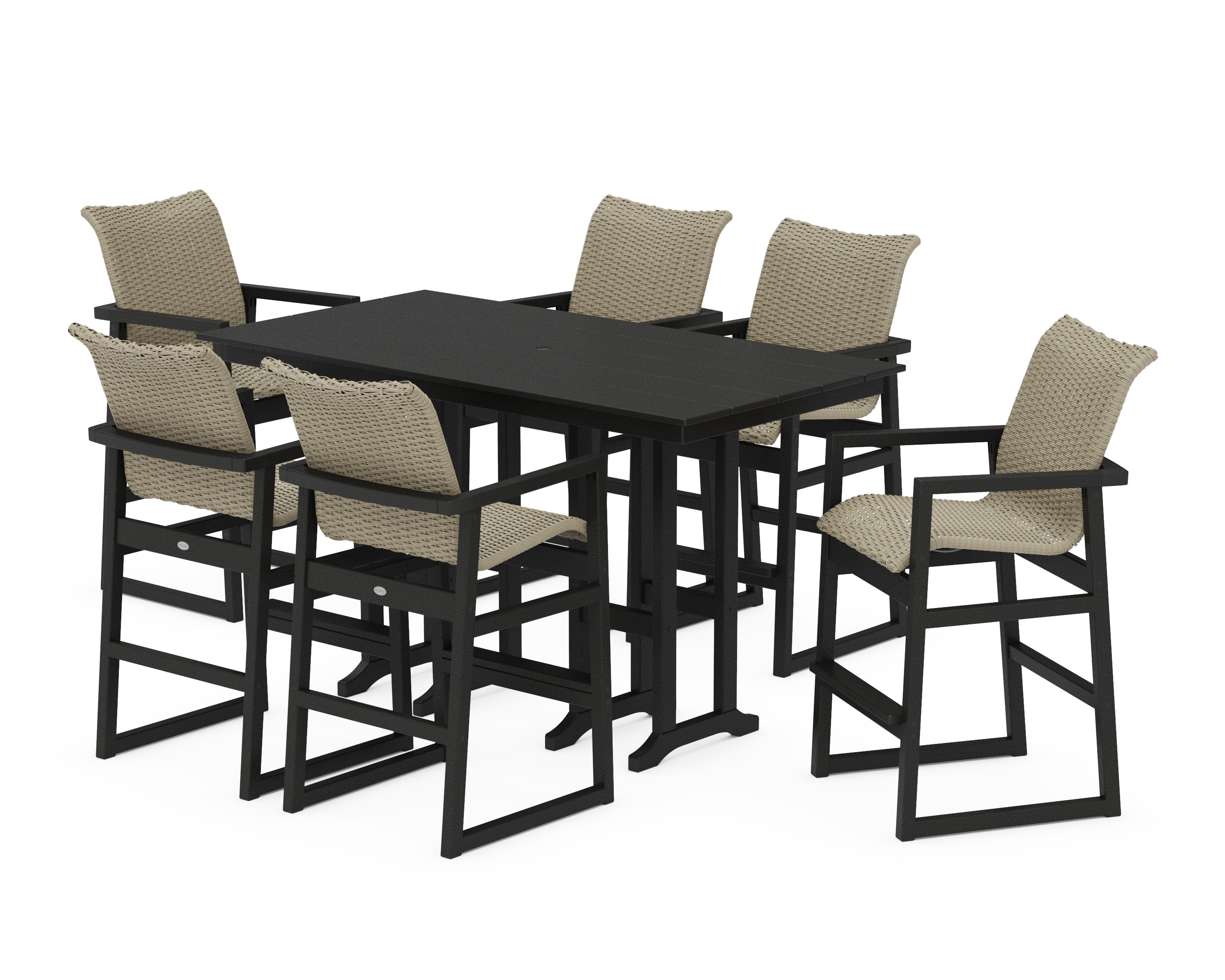 EDGE Woven Arm Chair 7-Piece Farmhouse Bar Set in Black / Dune Grass