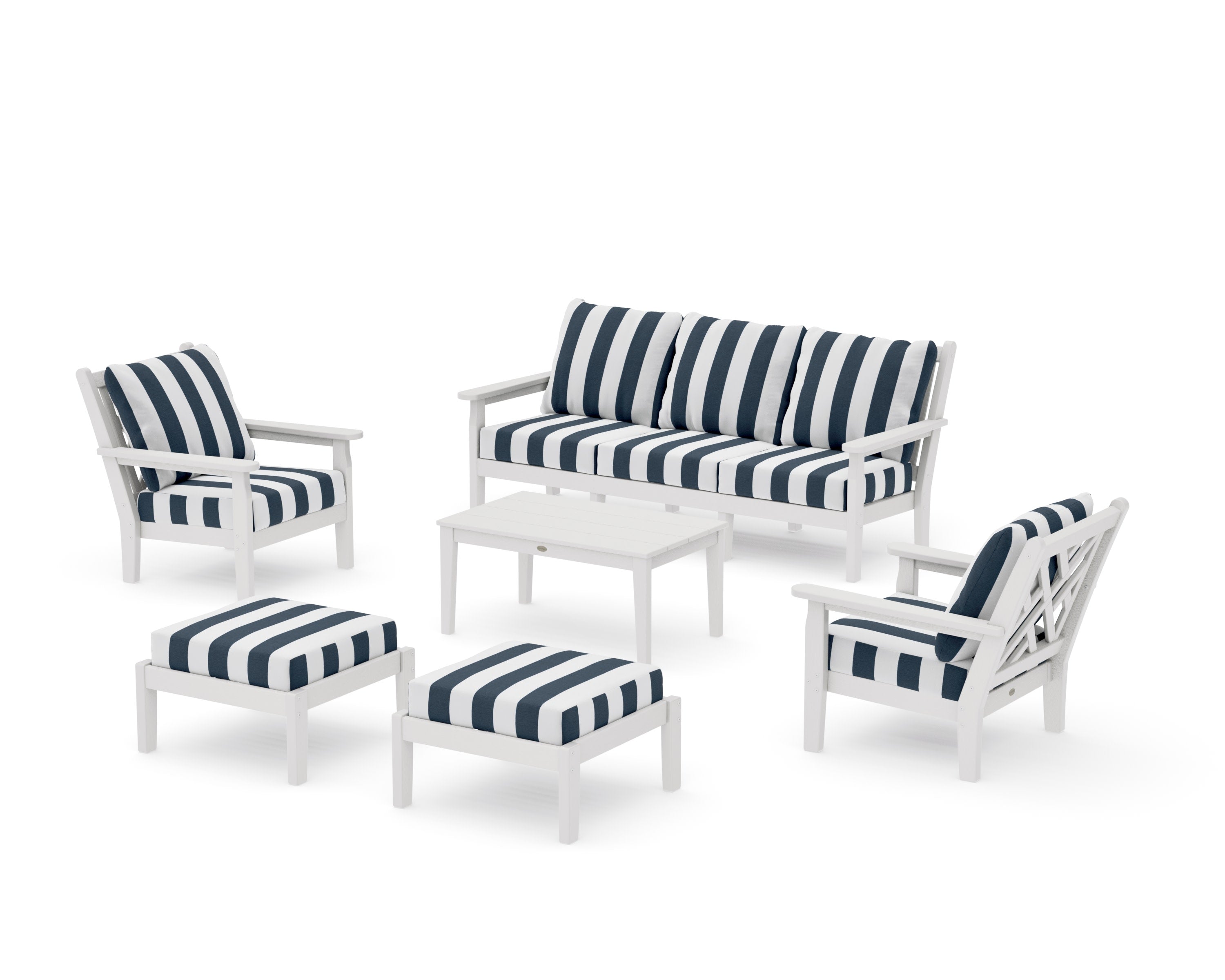 Chippendale 6-Piece Lounge Sofa Set in Vintage White / Cabana Stripe Marine Indigo