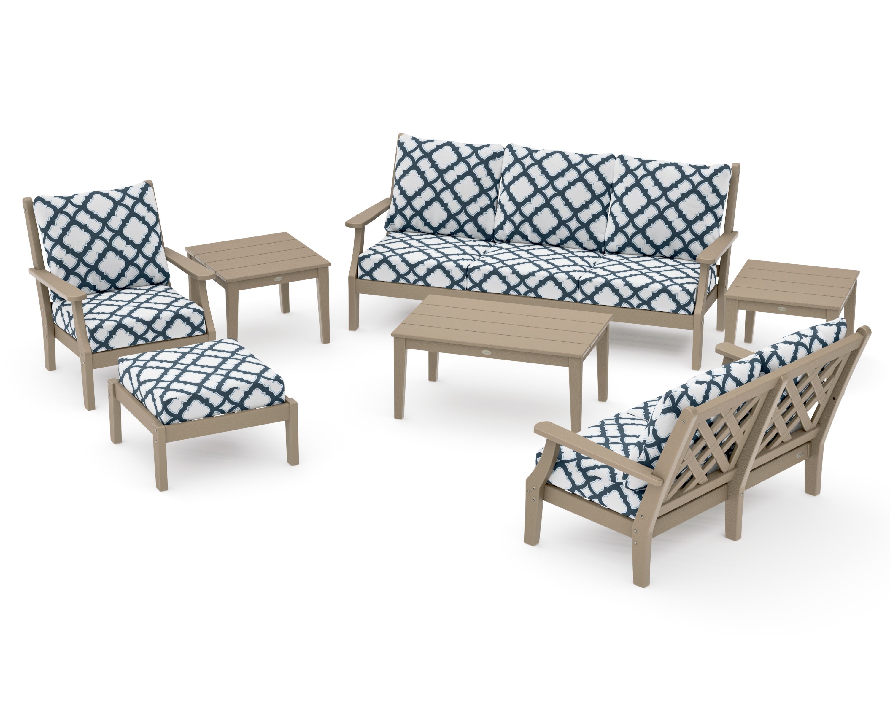 Wovendale 7-Piece Deep Seating Set in Vintage Sahara / Trellis Marine Indigo
