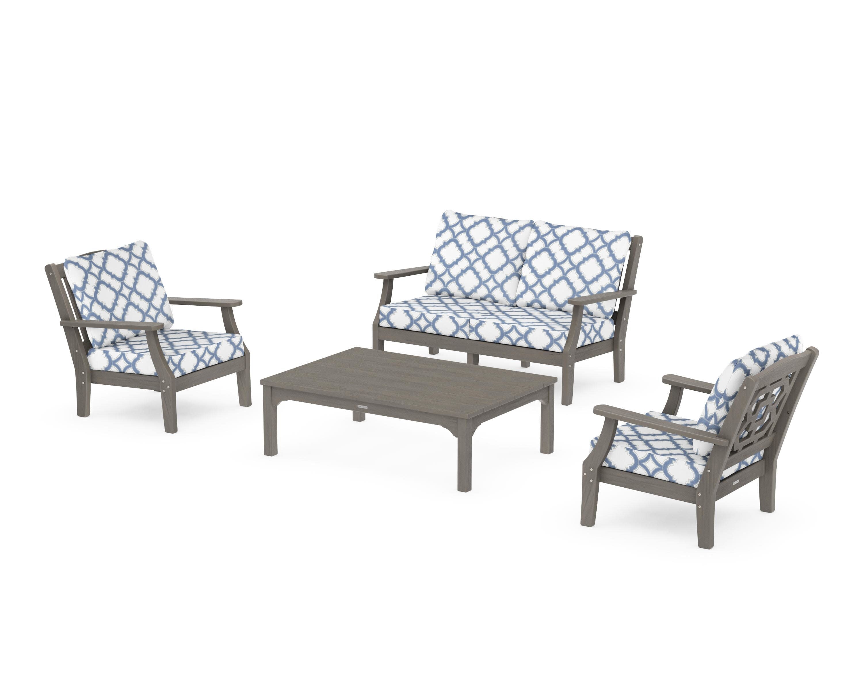 Chinoiserie 4-Piece Deep Seating Set with Loveseat in Driftwood / Trellis Sky Blue