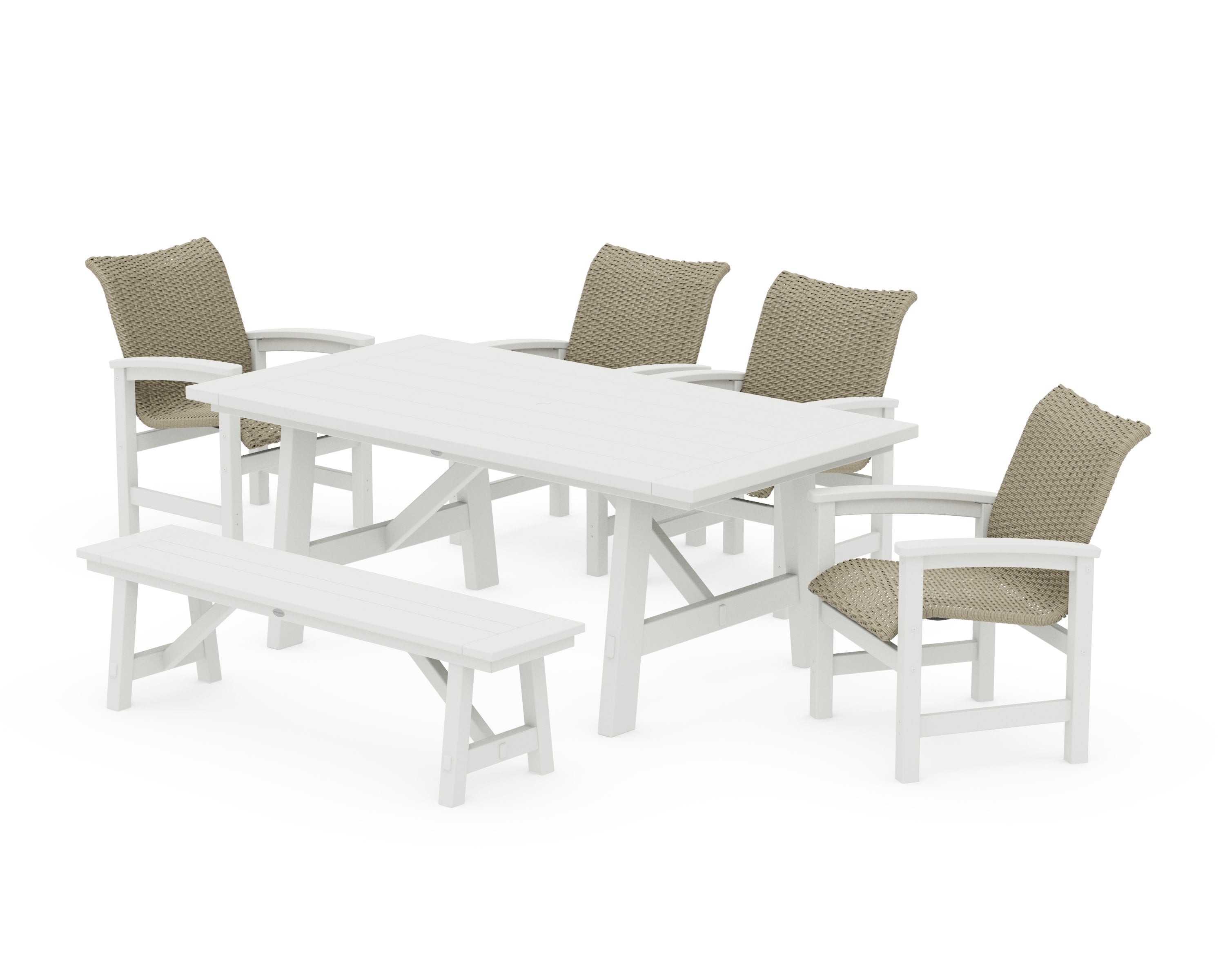 Coastal Woven 6-Piece Rustic Farmhouse Dining Set with Bench in White / Dune Grass