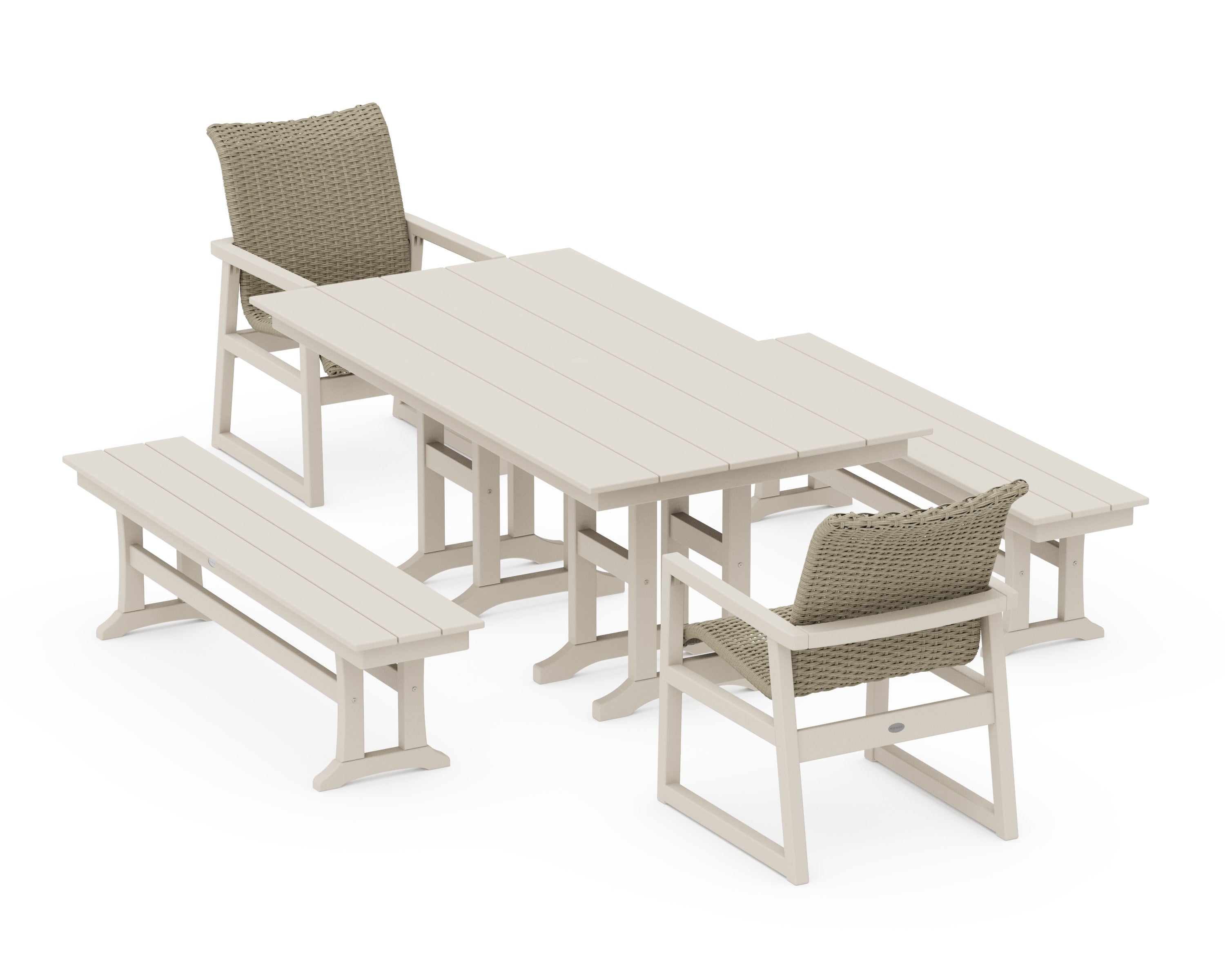 EDGE Woven 5-Piece Farmhouse Dining Set with Benches in Sand / Dune Grass