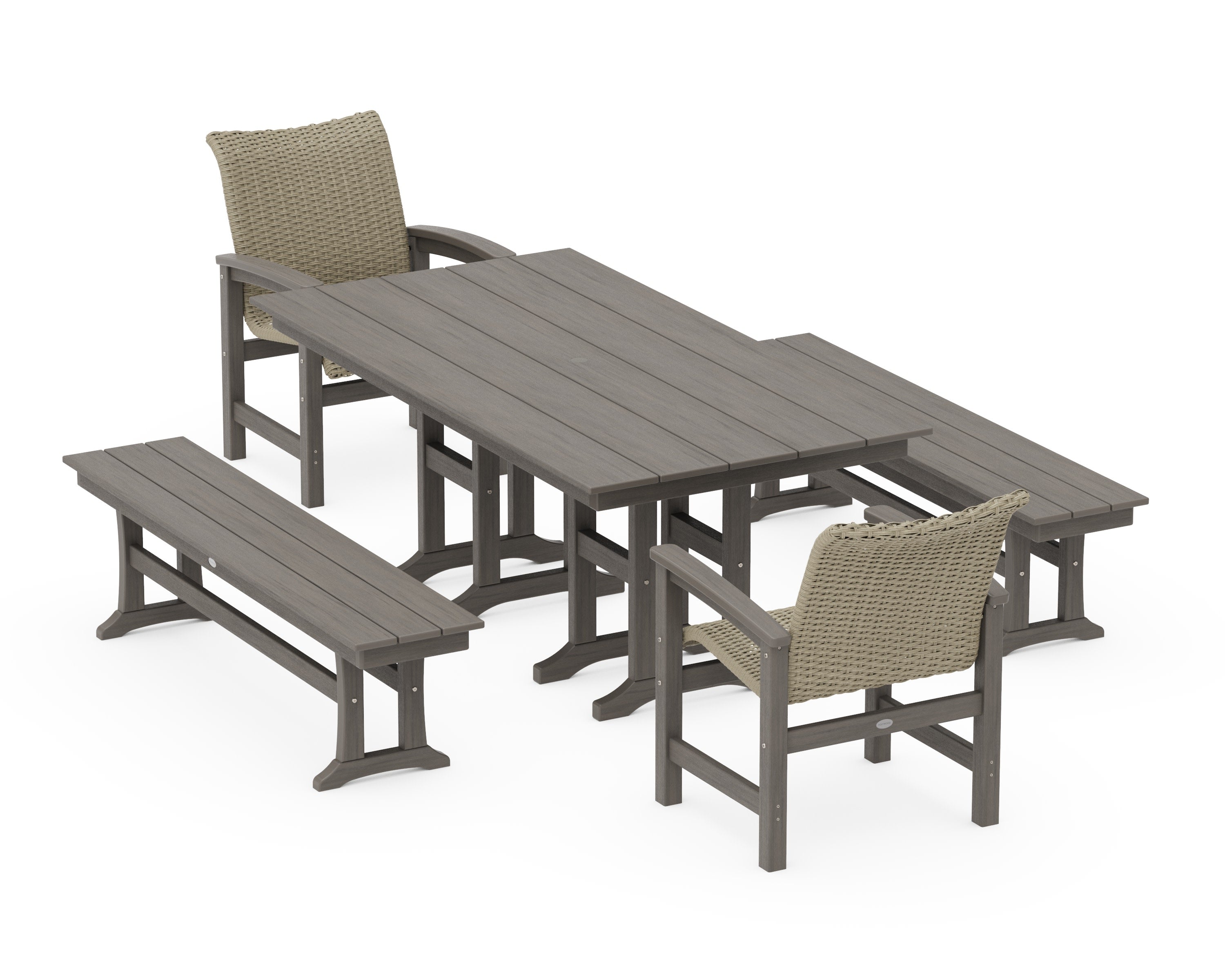 Coastal Woven 5-Piece Farmhouse Dining Set with Benches in Driftwood / Dune Grass