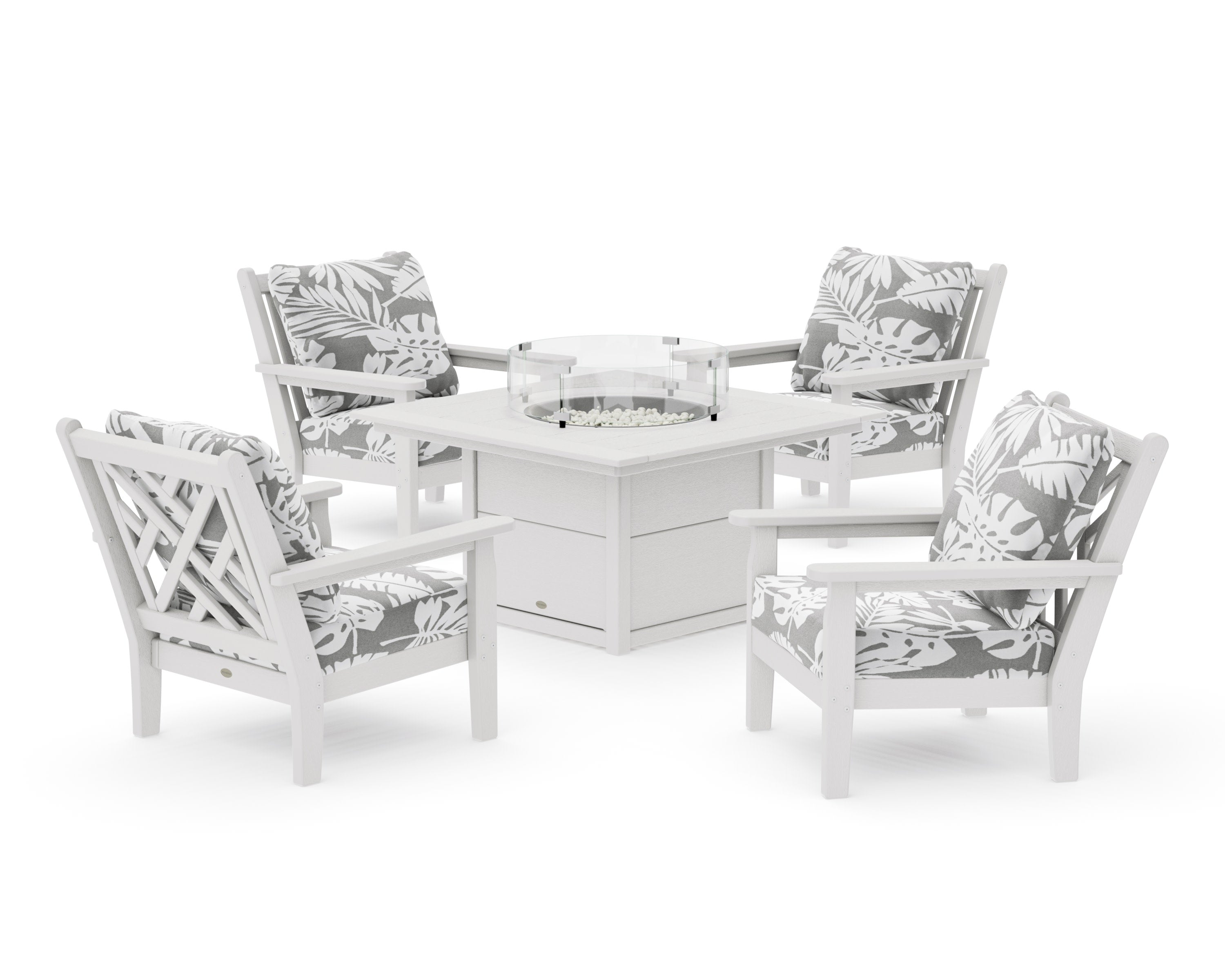 Chippendale 5-Piece Deep Seating Set with Fire Pit Table in Vintage White / Leaf Grey Mist