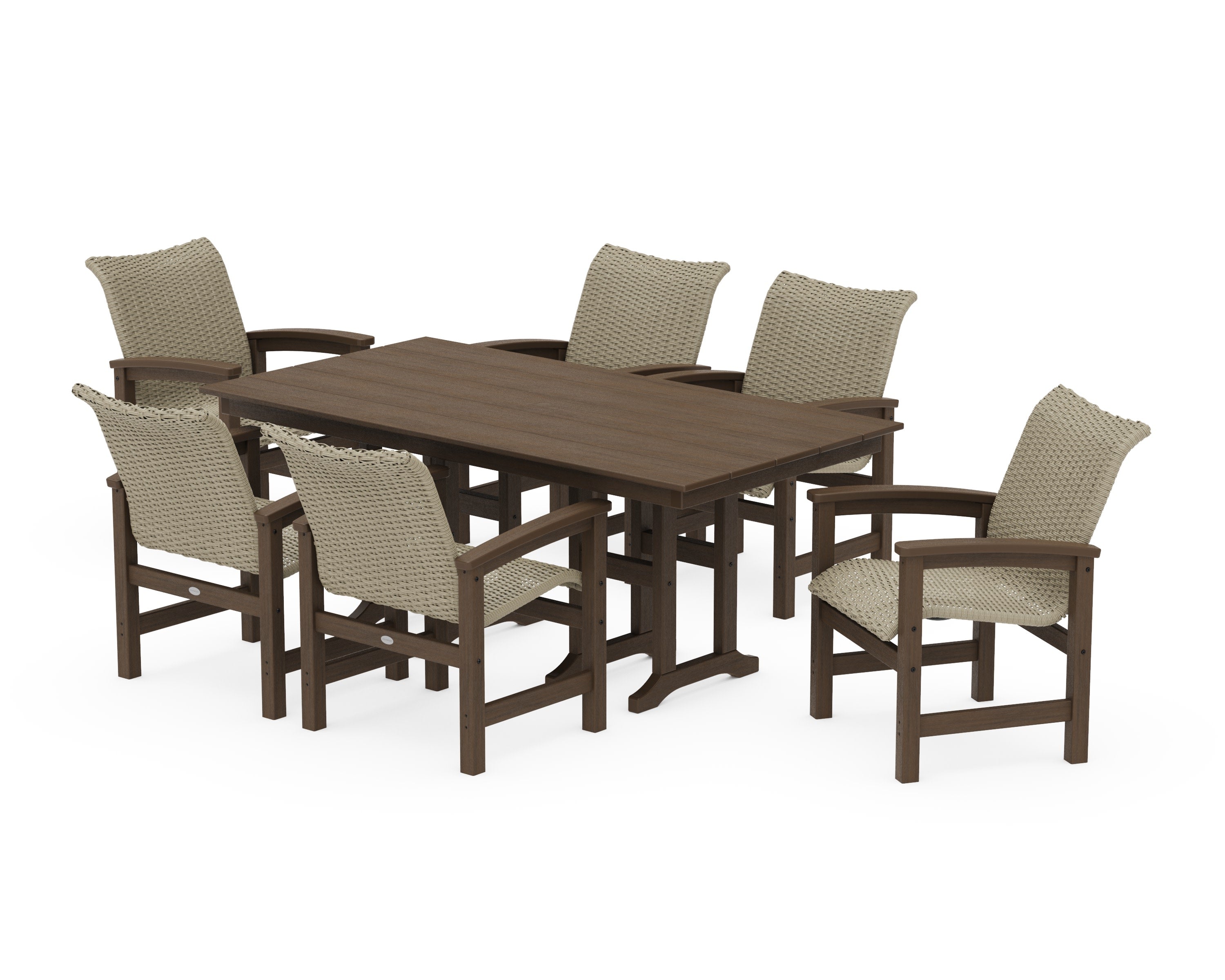Coastal Woven Arm Chair 7-Piece Farmhouse Dining Set in Kona / Dune Grass
