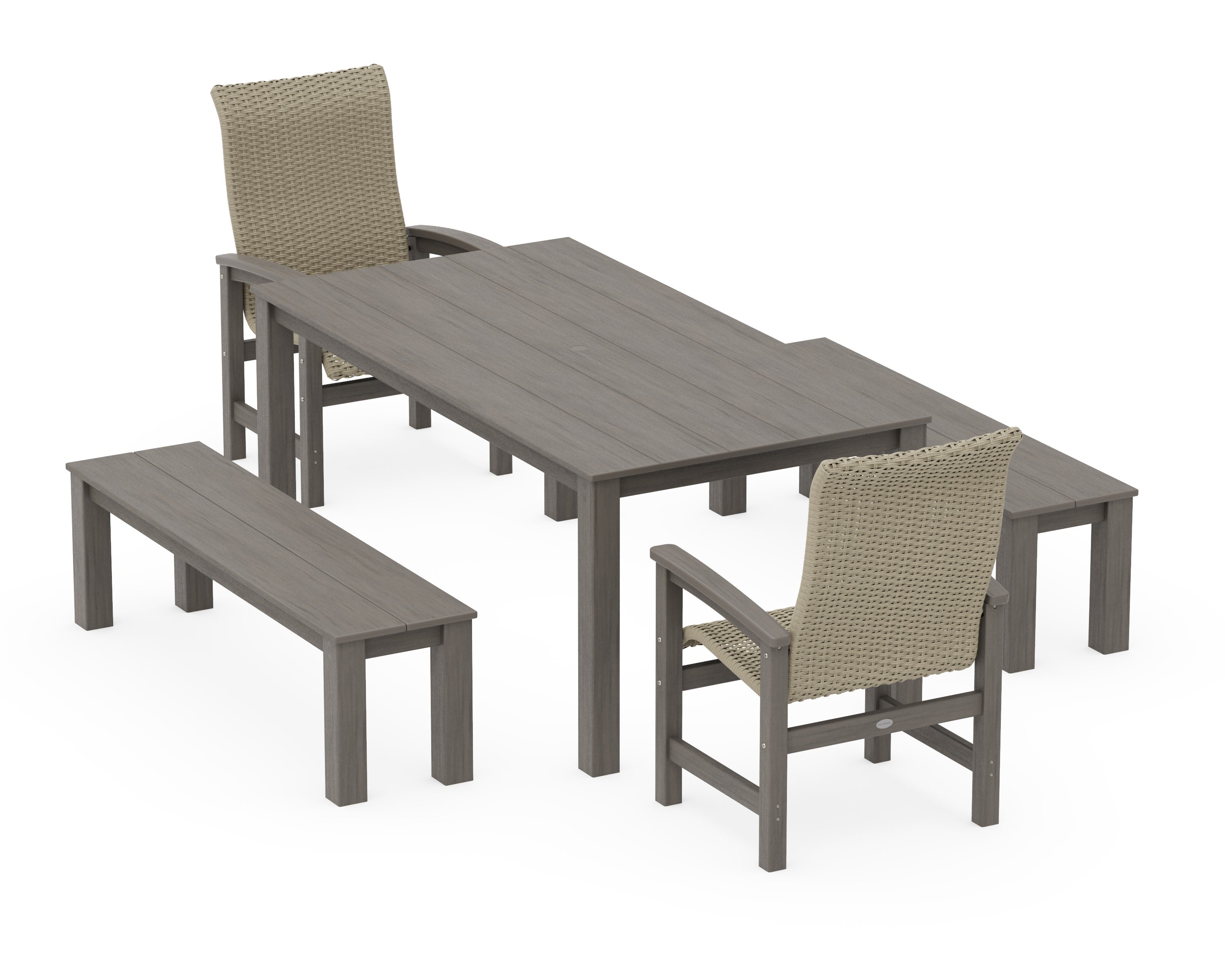 Coastal Woven High-Back 5-Piece Parsons Dining Set with Benches in Driftwood / Dune Grass