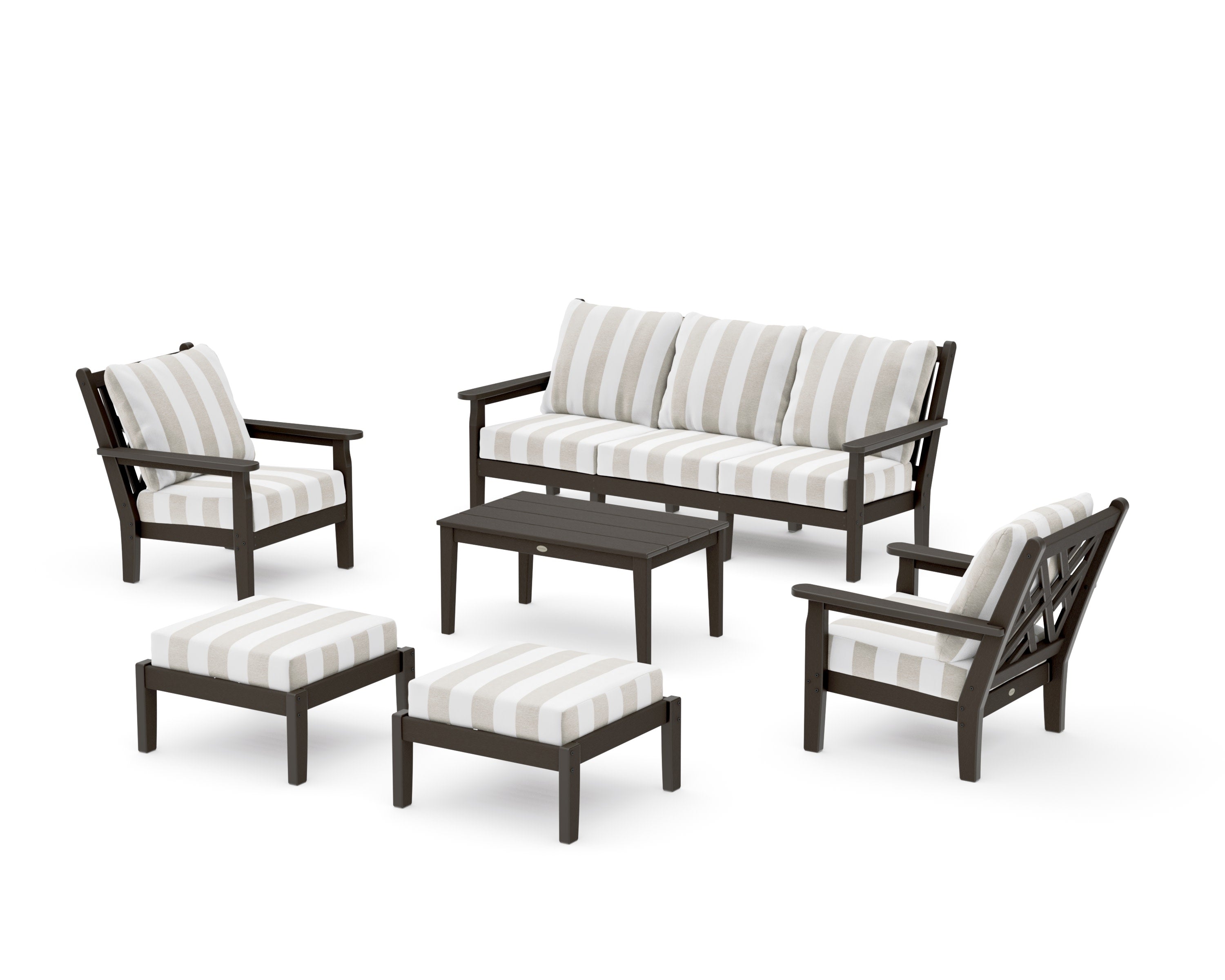Chippendale 6-Piece Lounge Sofa Set in Vintage Coffee / Cabana Stripe Dune Burlap