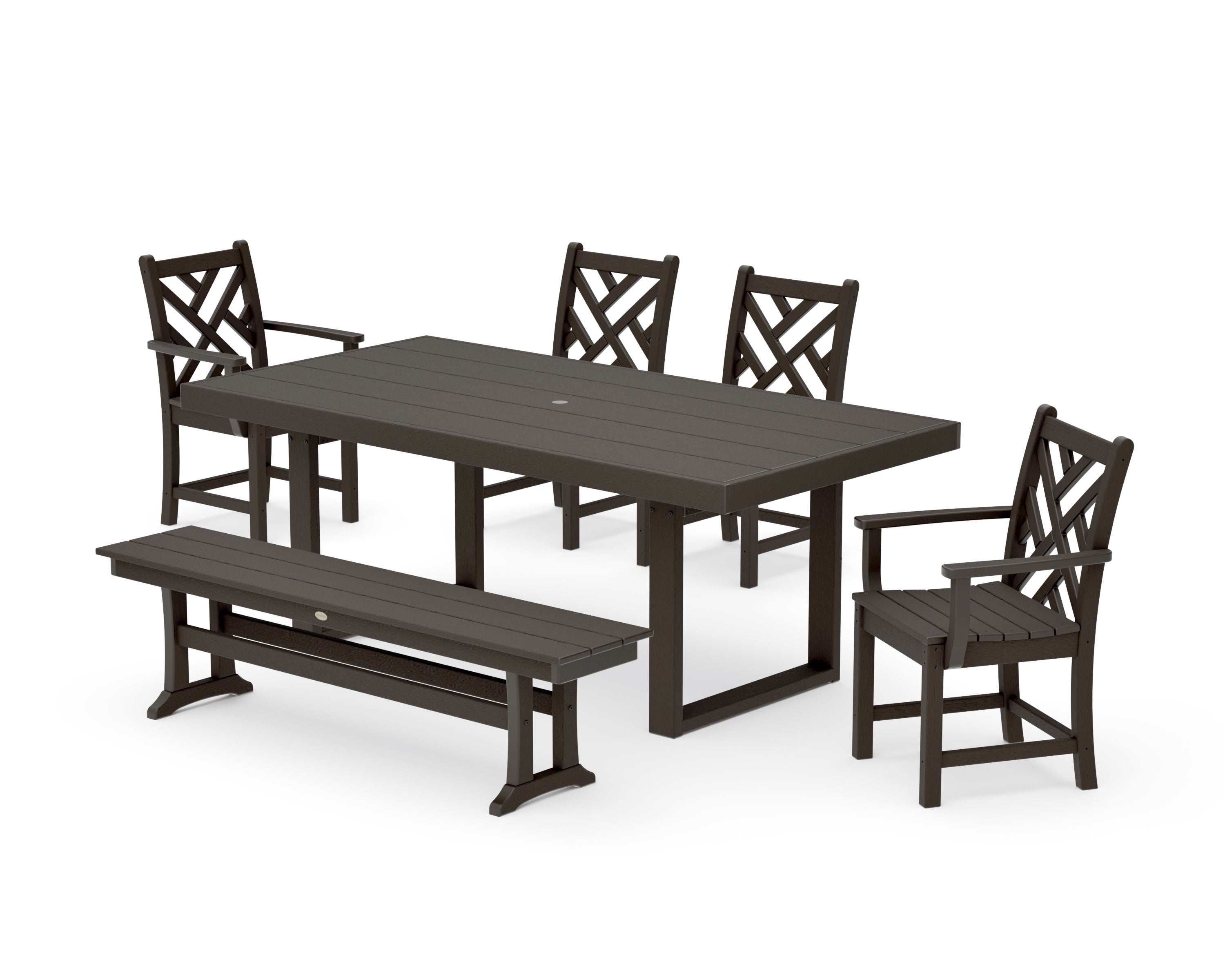 Chippendale 6-Piece Dining Set with Bench in Vintage Coffee