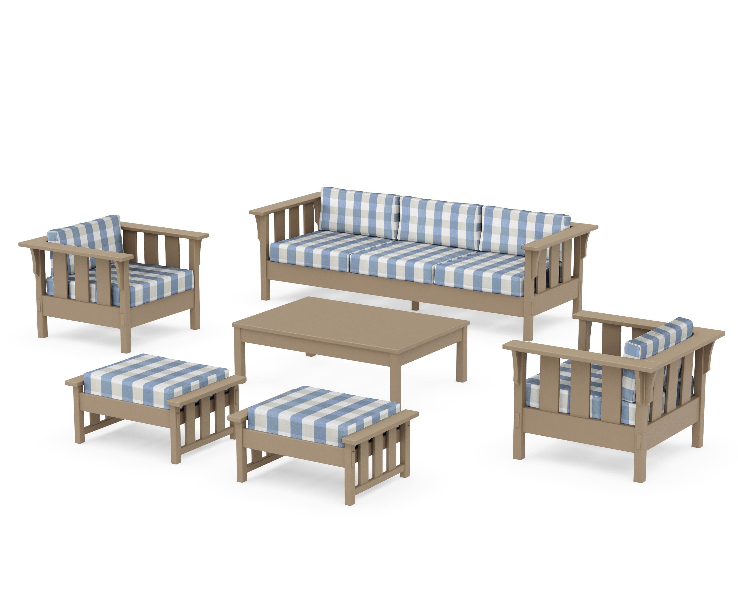 Acadia 6-Piece Lounge Sofa Set in Vintage Sahara / Buffalo Plaid Sky Blue