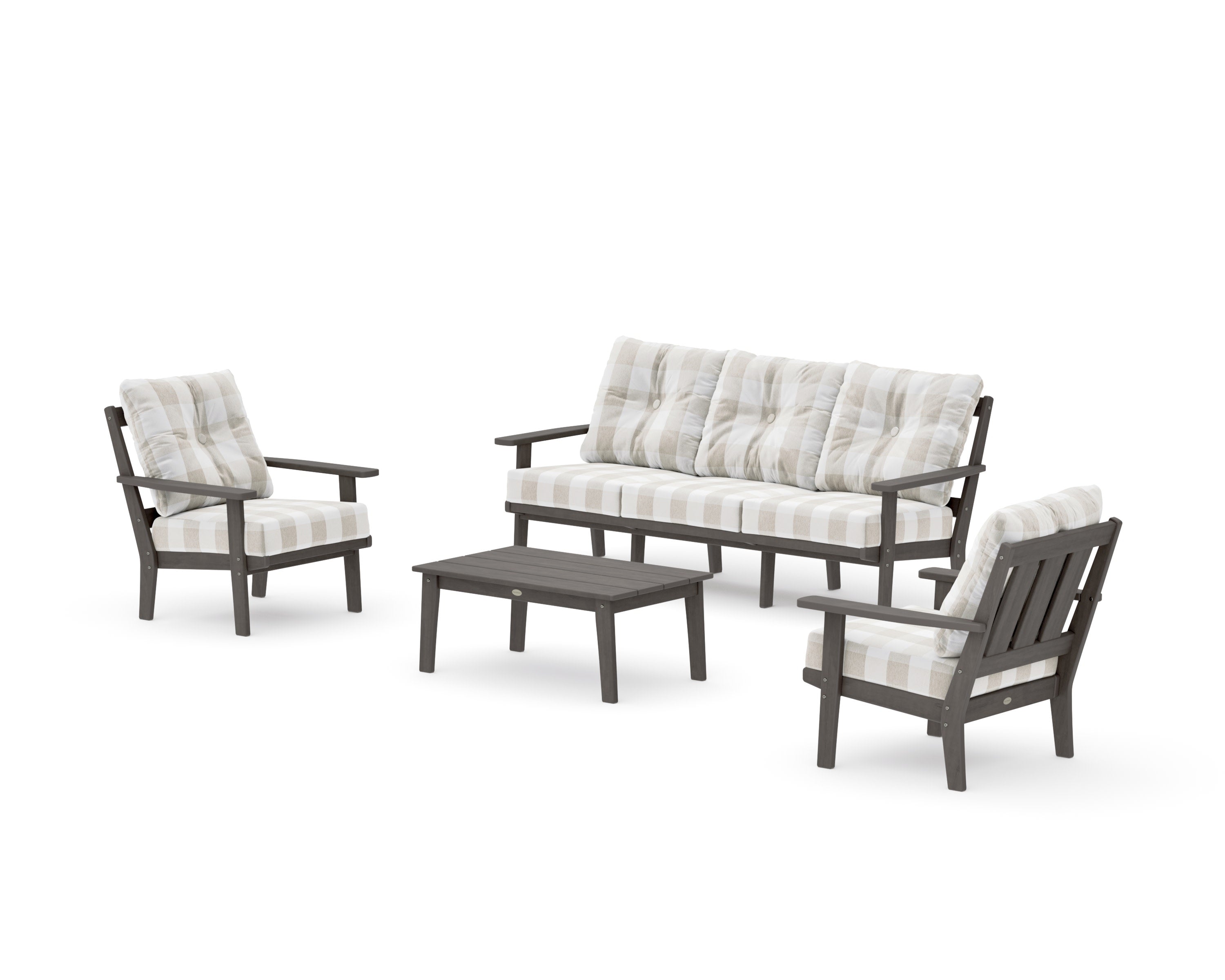 Oxford 4-Piece Deep Seating Set with Sofa in Driftwood / Buffalo Plaid Dune Burlap