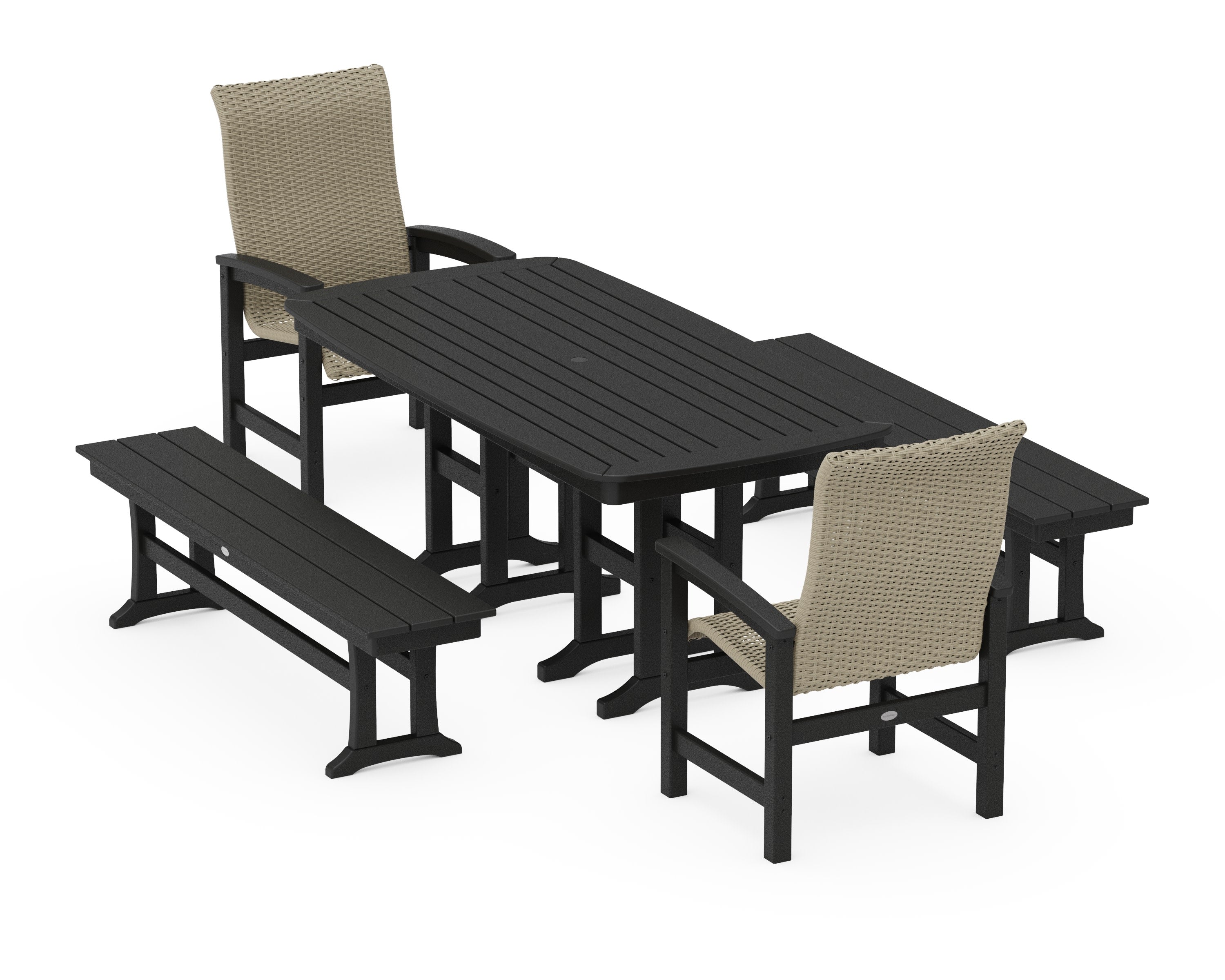 Coastal Woven High-Back 5-Piece Dining Set with Benches in Black / Dune Grass