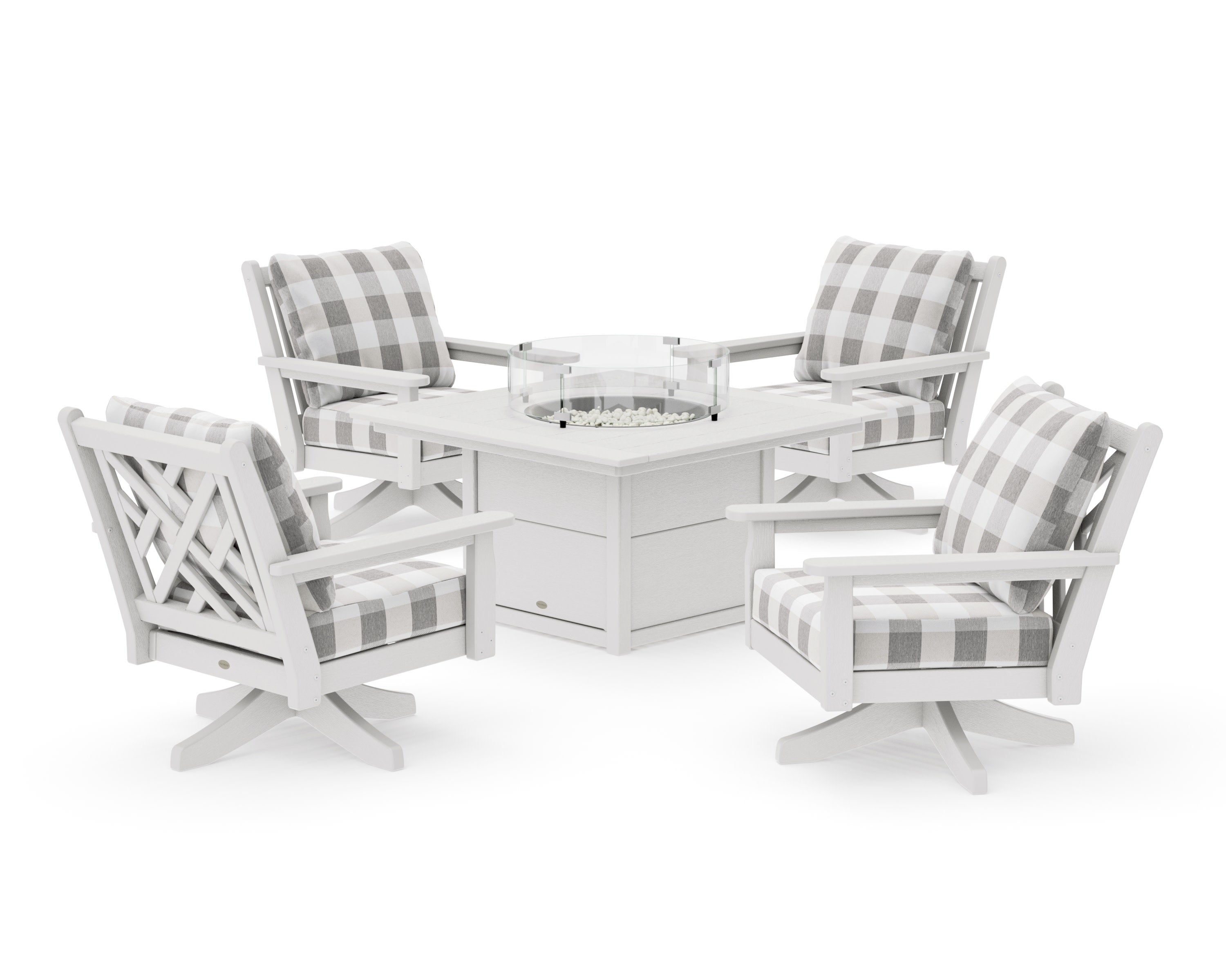 Chippendale 5-Piece Deep Seating Swivel Conversation Set with Fire Pit Table in Vintage White / Buffalo Plaid Grey Mist