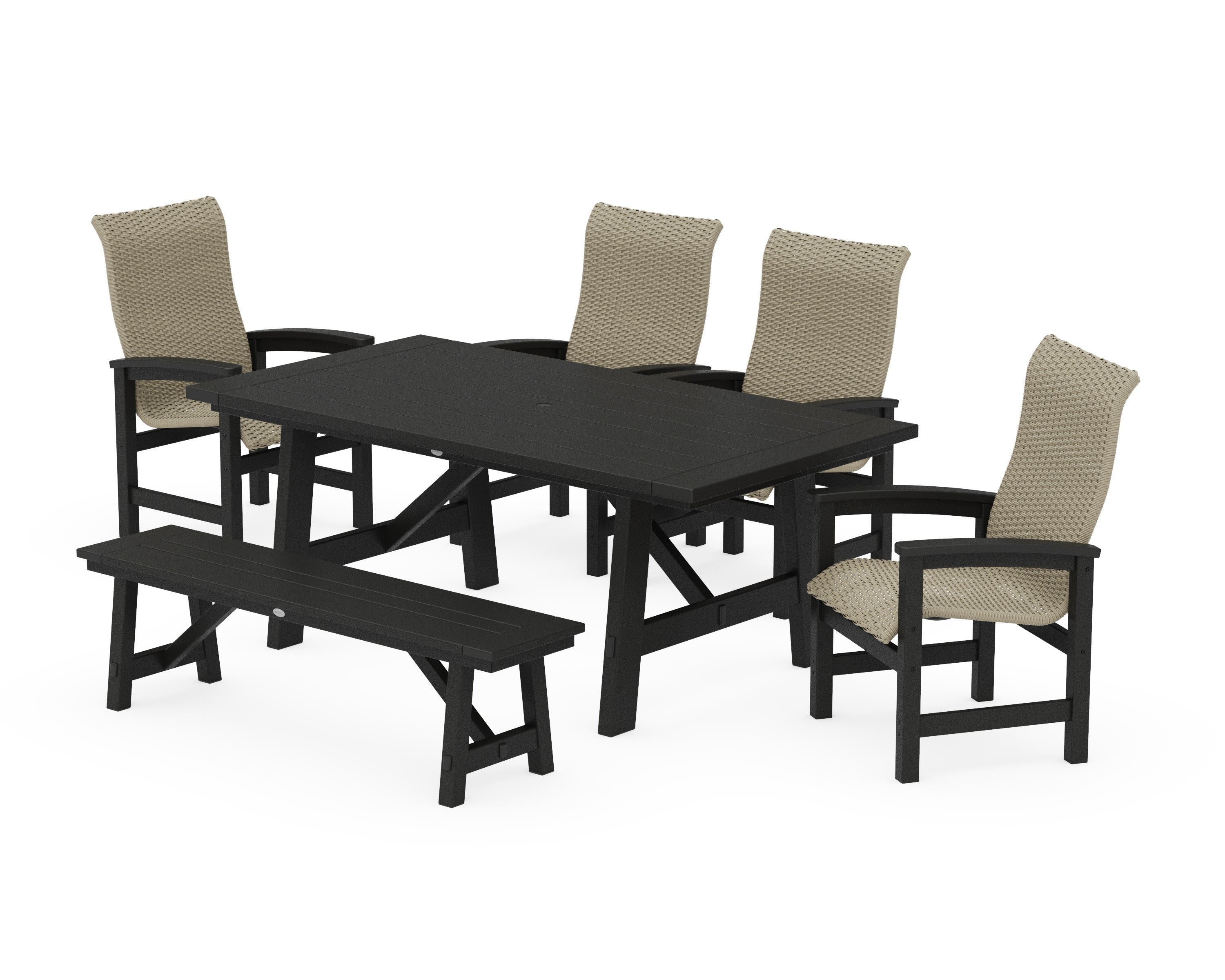 Coastal Woven High-Back 6-Piece Rustic Farmhouse Dining Set with Bench in Black / Dune Grass