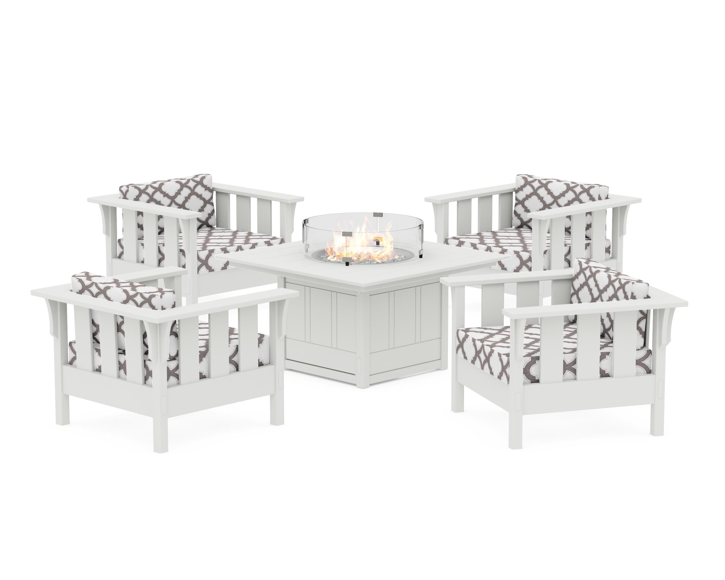 Acadia 5-Piece Deep Seating Set with Fire Pit Table in Vintage White / Trellis Grey Mist