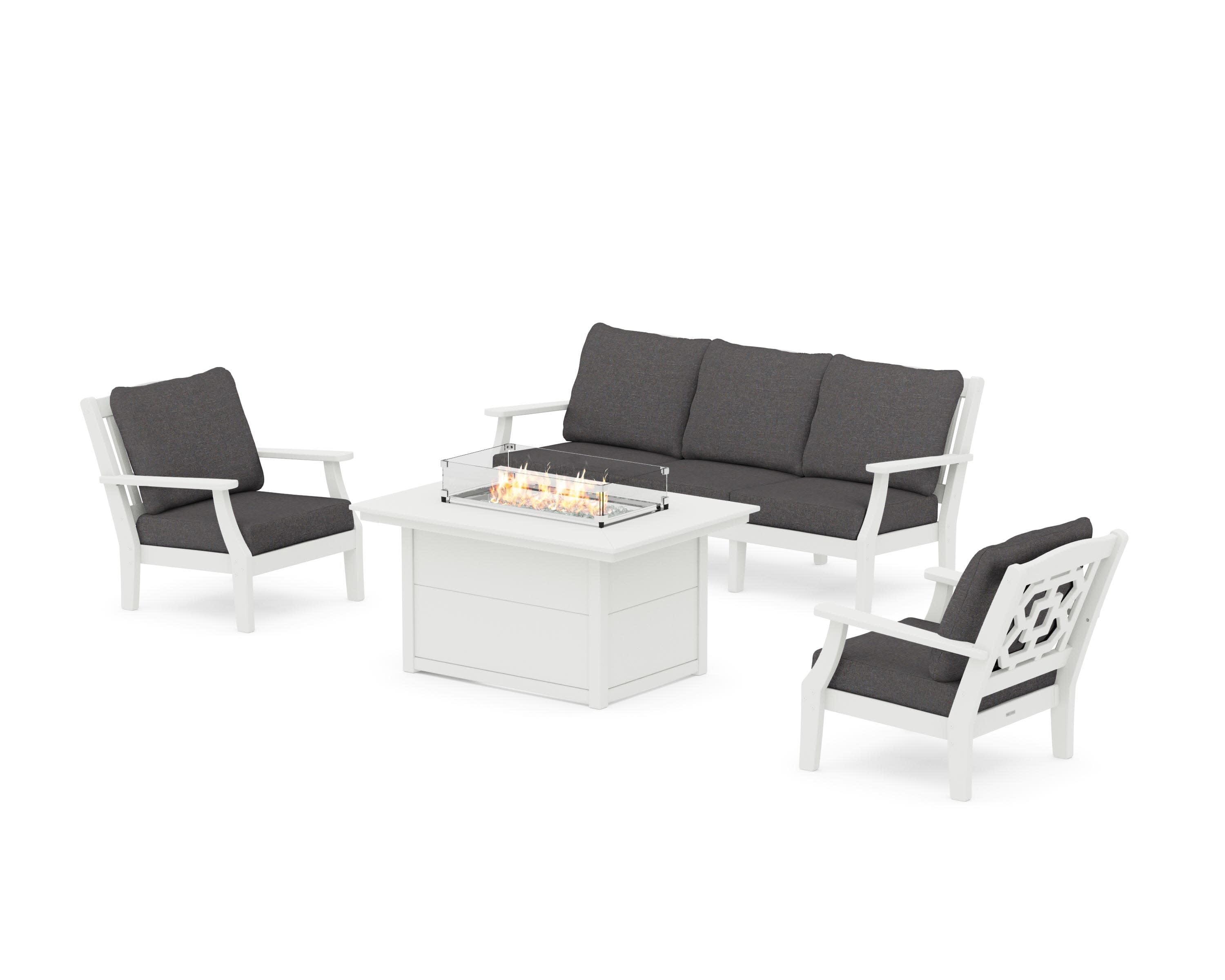 Chinoiserie Deep Seating Fire Pit Table Set in Vintage White / Ash Charcoal
