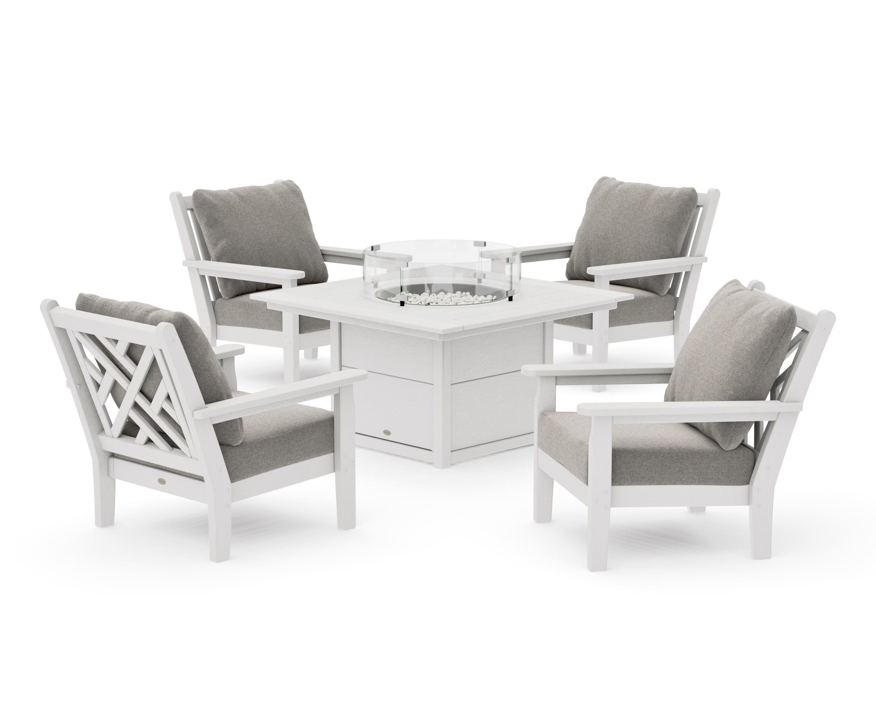 Chippendale 5-Piece Deep Seating Set with Fire Pit Table in Vintage White / Weathered Tweed