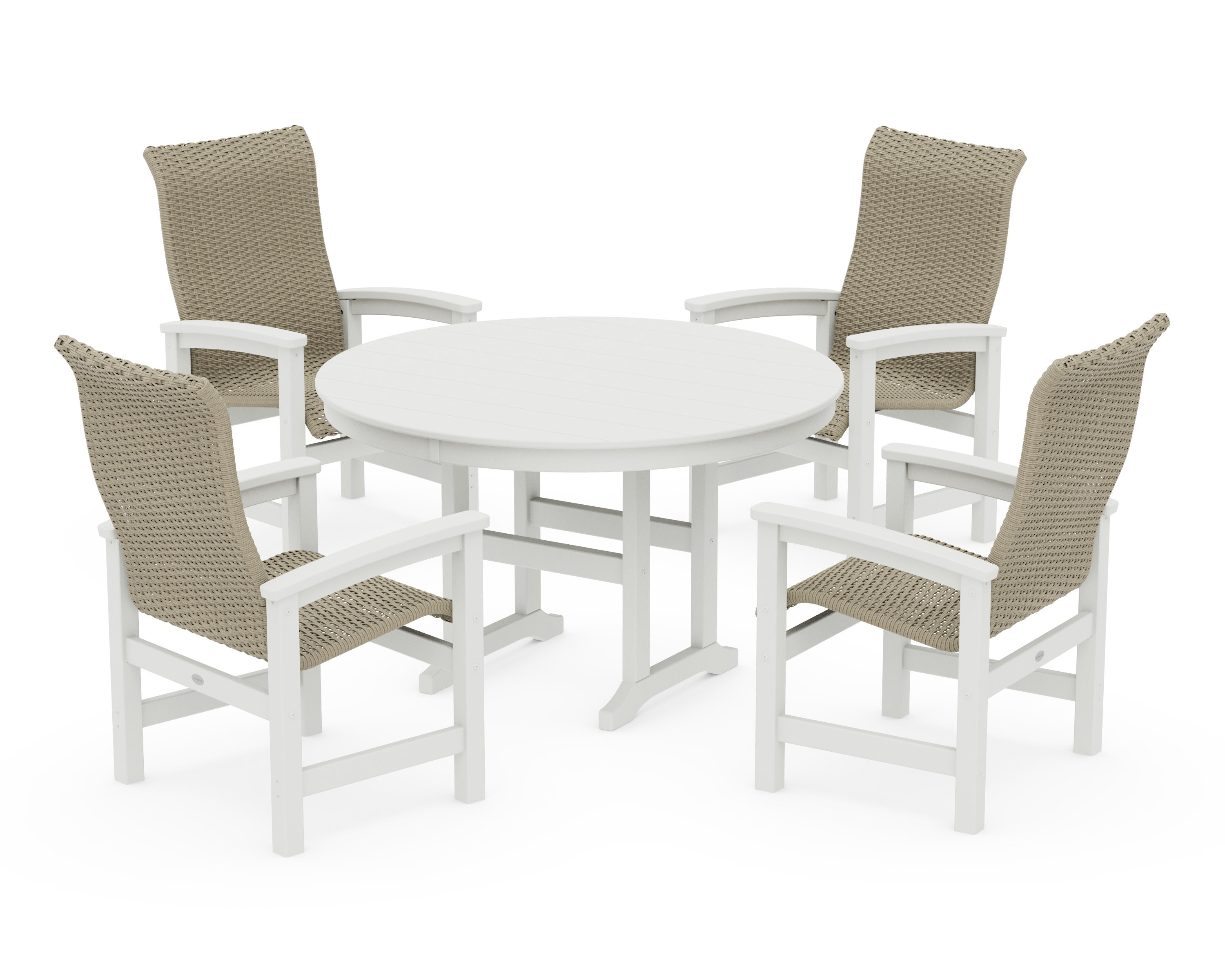 Coastal Woven High-Back 5-Piece Round Farmhouse Dining Set in White / Dune Grass
