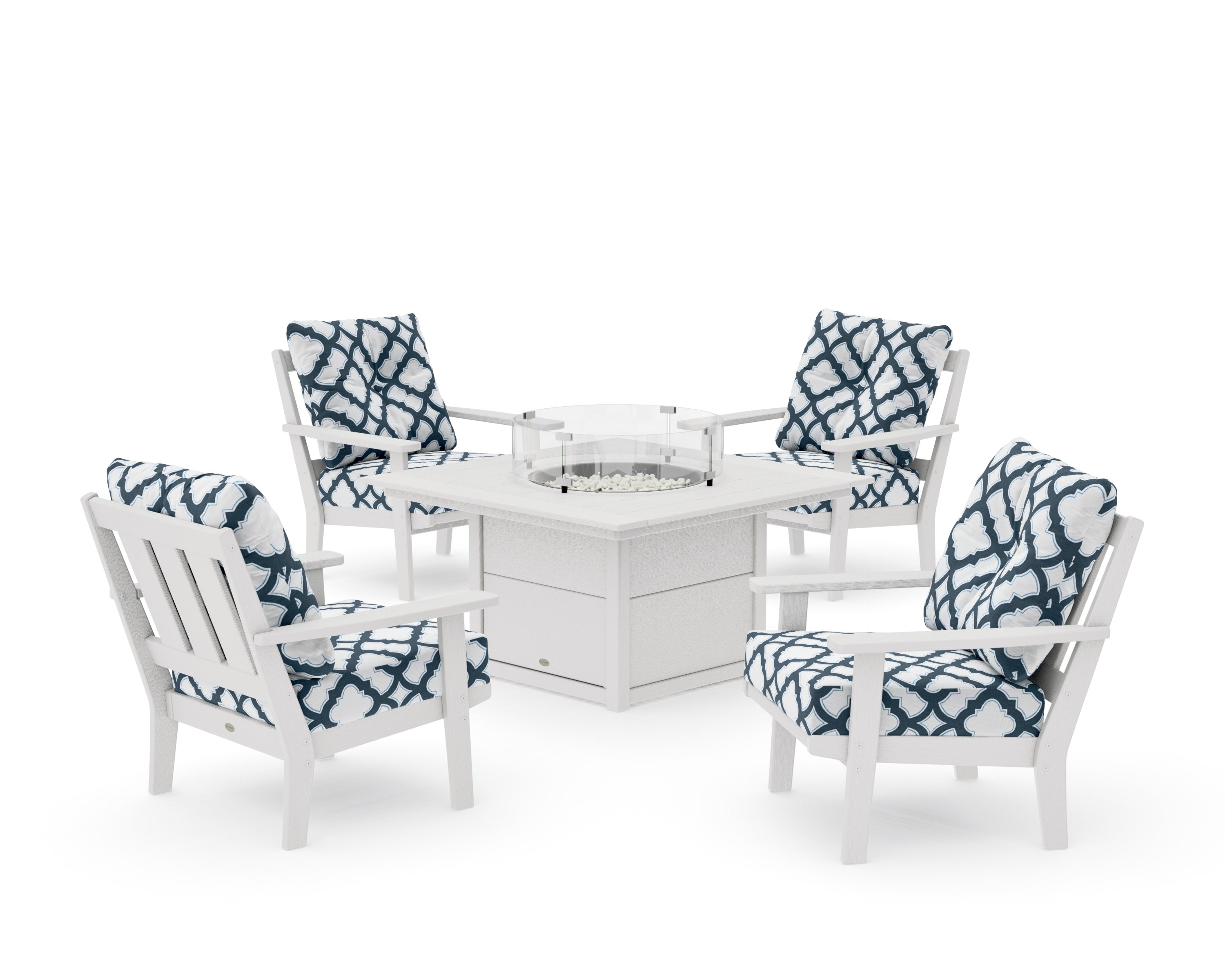 Oxford 5-Piece Deep Seating Set with Fire Pit Table in Vintage White / Trellis Marine Indigo