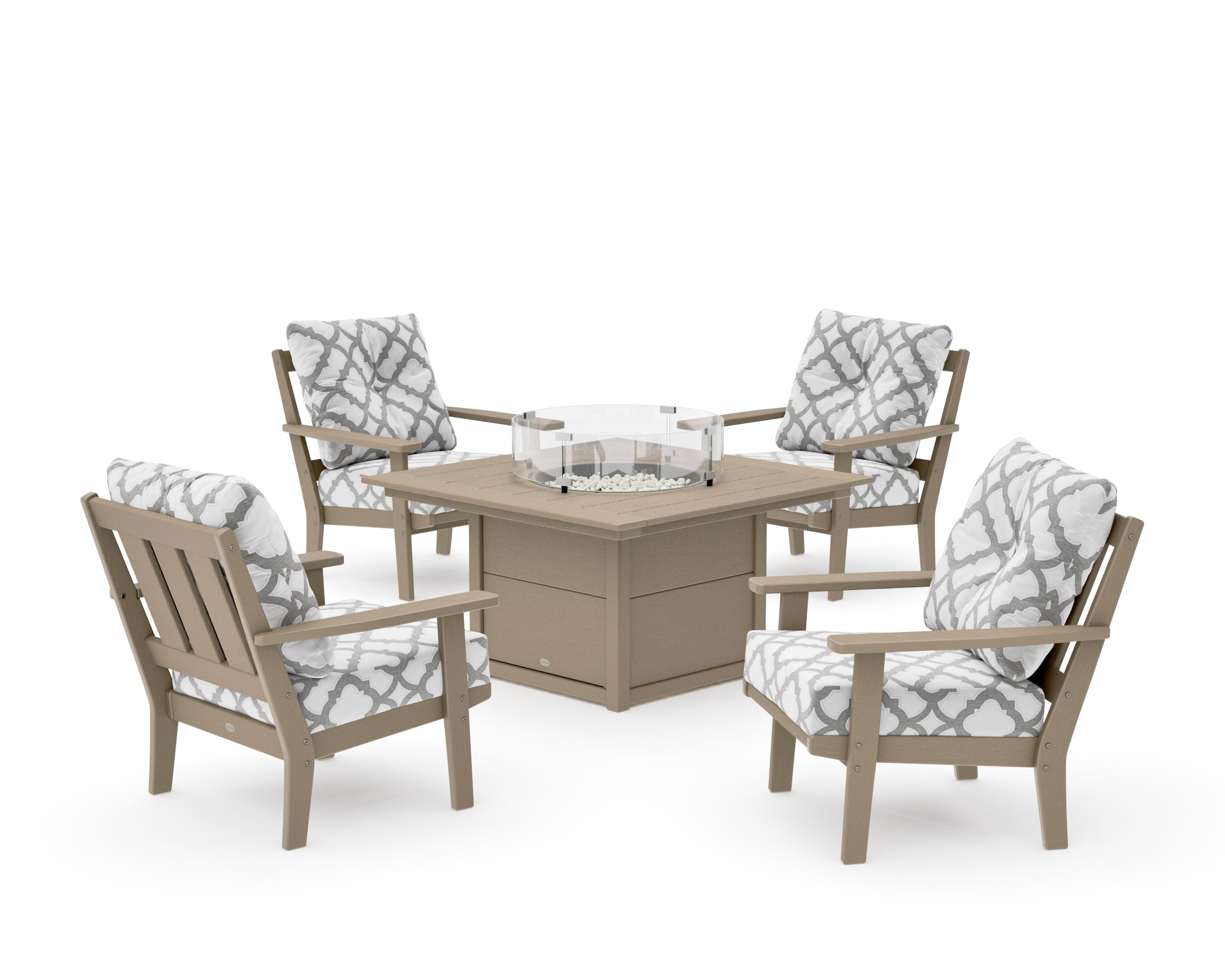 Oxford 5-Piece Deep Seating Set with Fire Pit Table in Vintage Sahara / Trellis Grey Mist