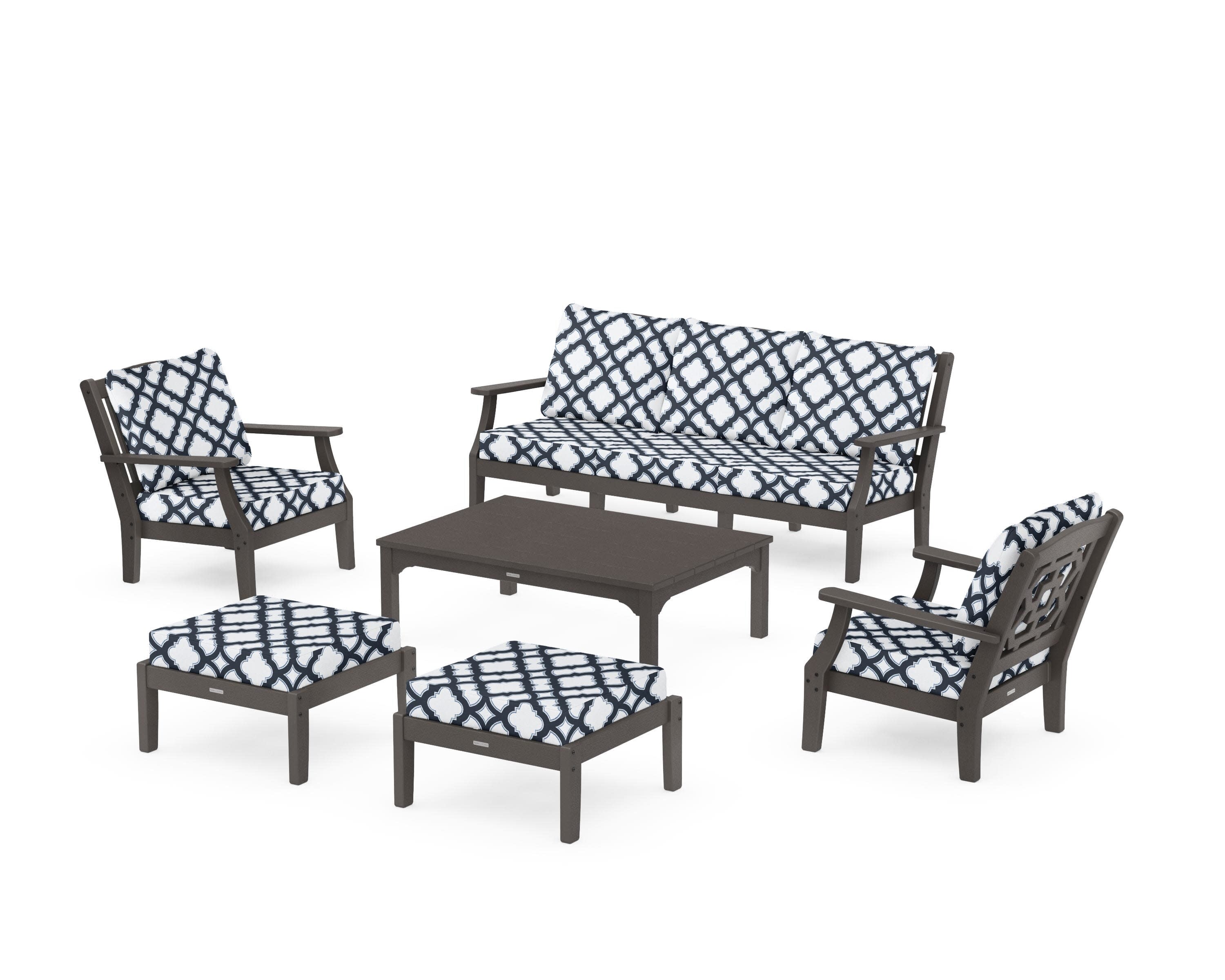 Chinoiserie 6-Piece Lounge Sofa Set in Vintage Coffee / Trellis Marine Indigo