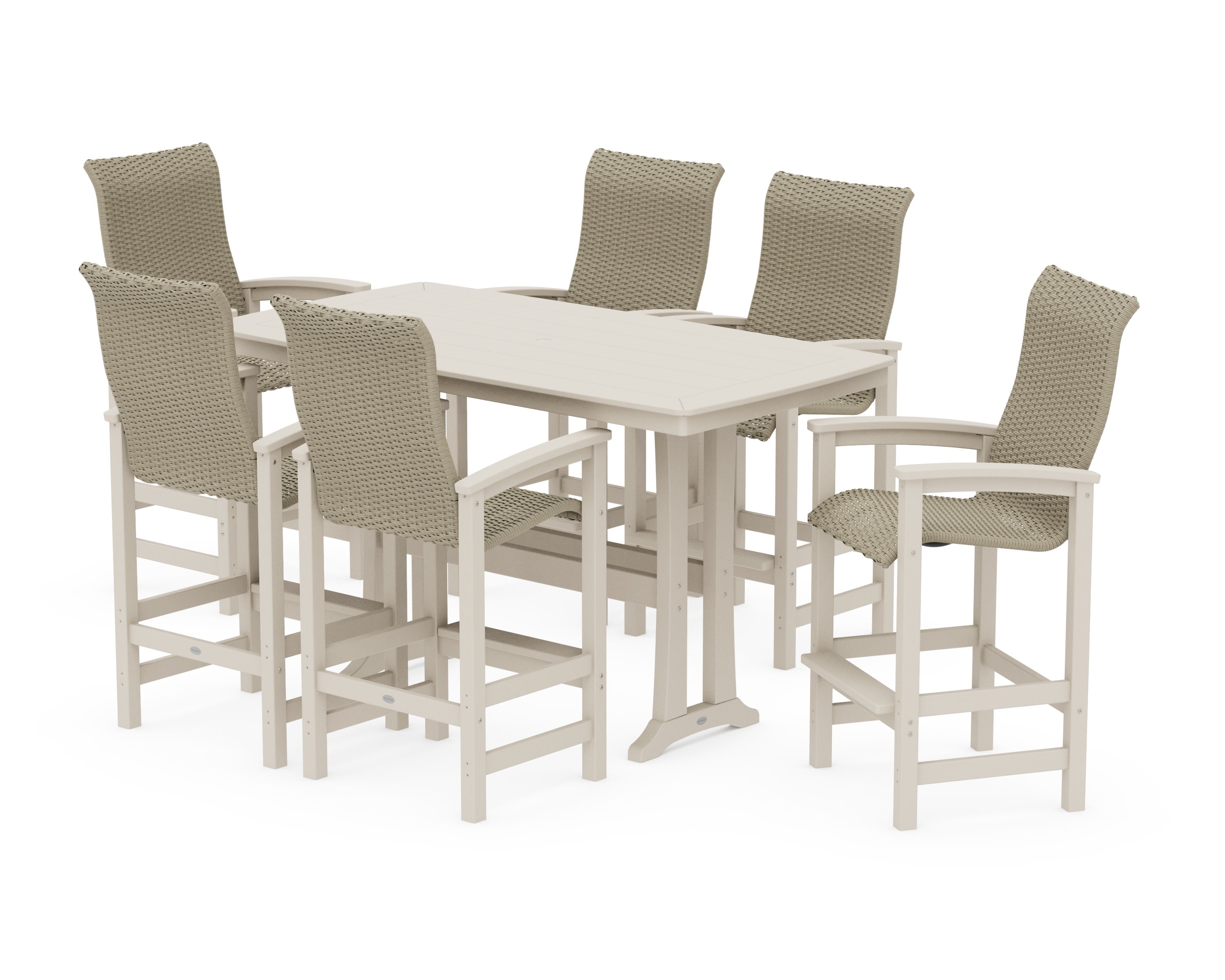 Coastal Woven High-Back Arm Chair 7-Piece Bar Set with Trestle Legs in Sand / Dune Grass