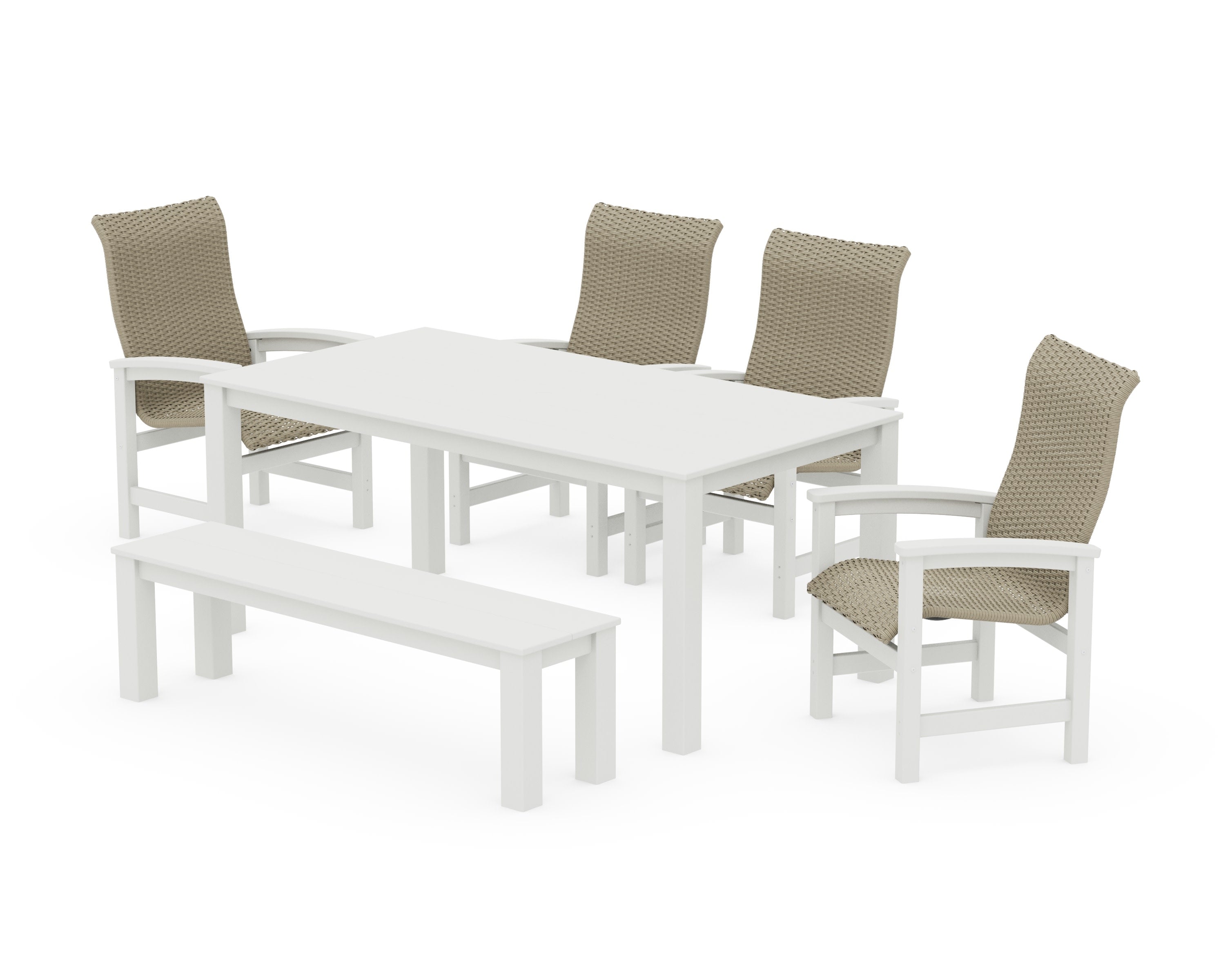 Coastal Woven High-Back 6-Piece Parsons Dining Set with Bench in Vintage White / Dune Grass