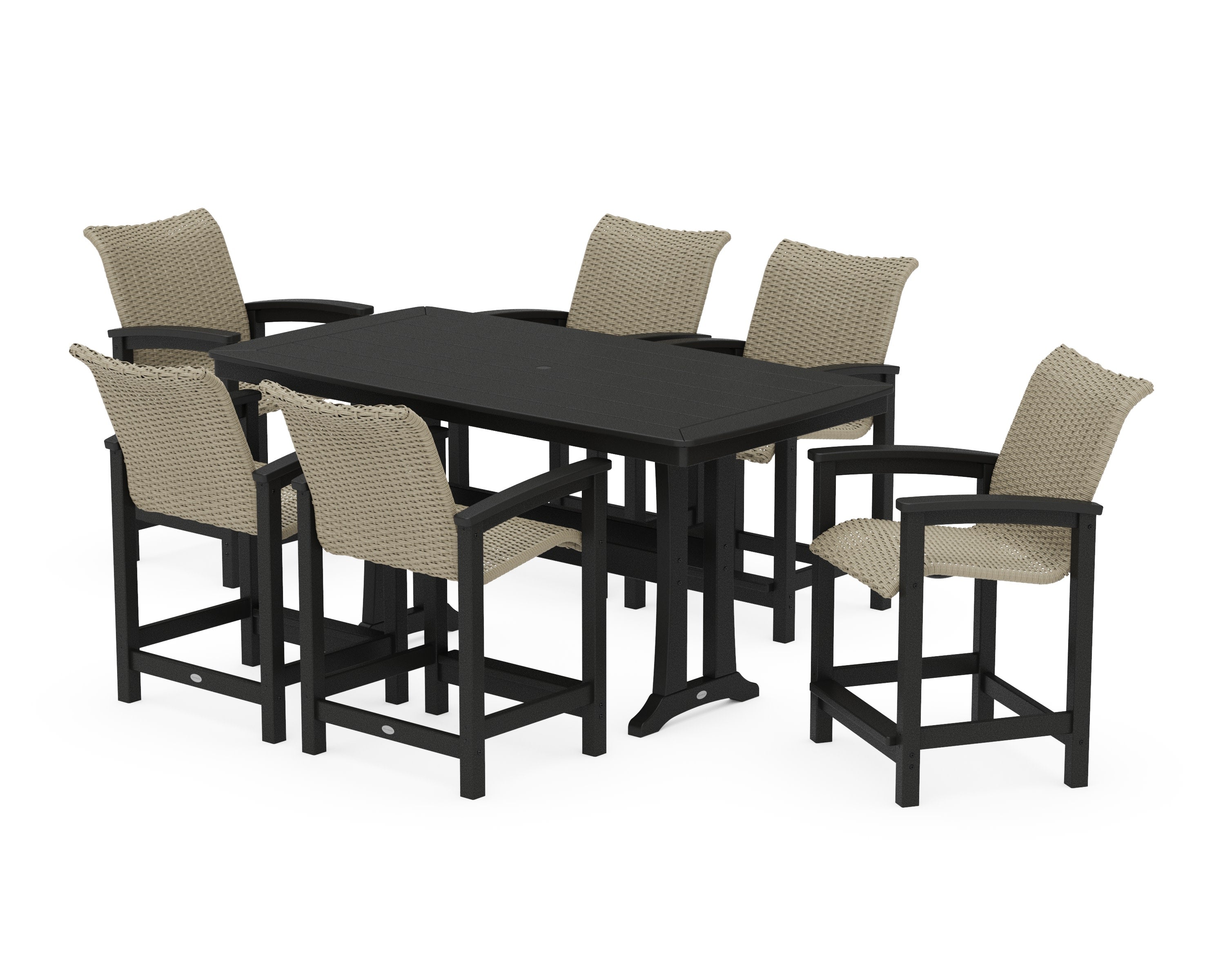 Coastal Woven Arm Chair 7-Piece Counter Set with Trestle Legs in Black / Dune Grass