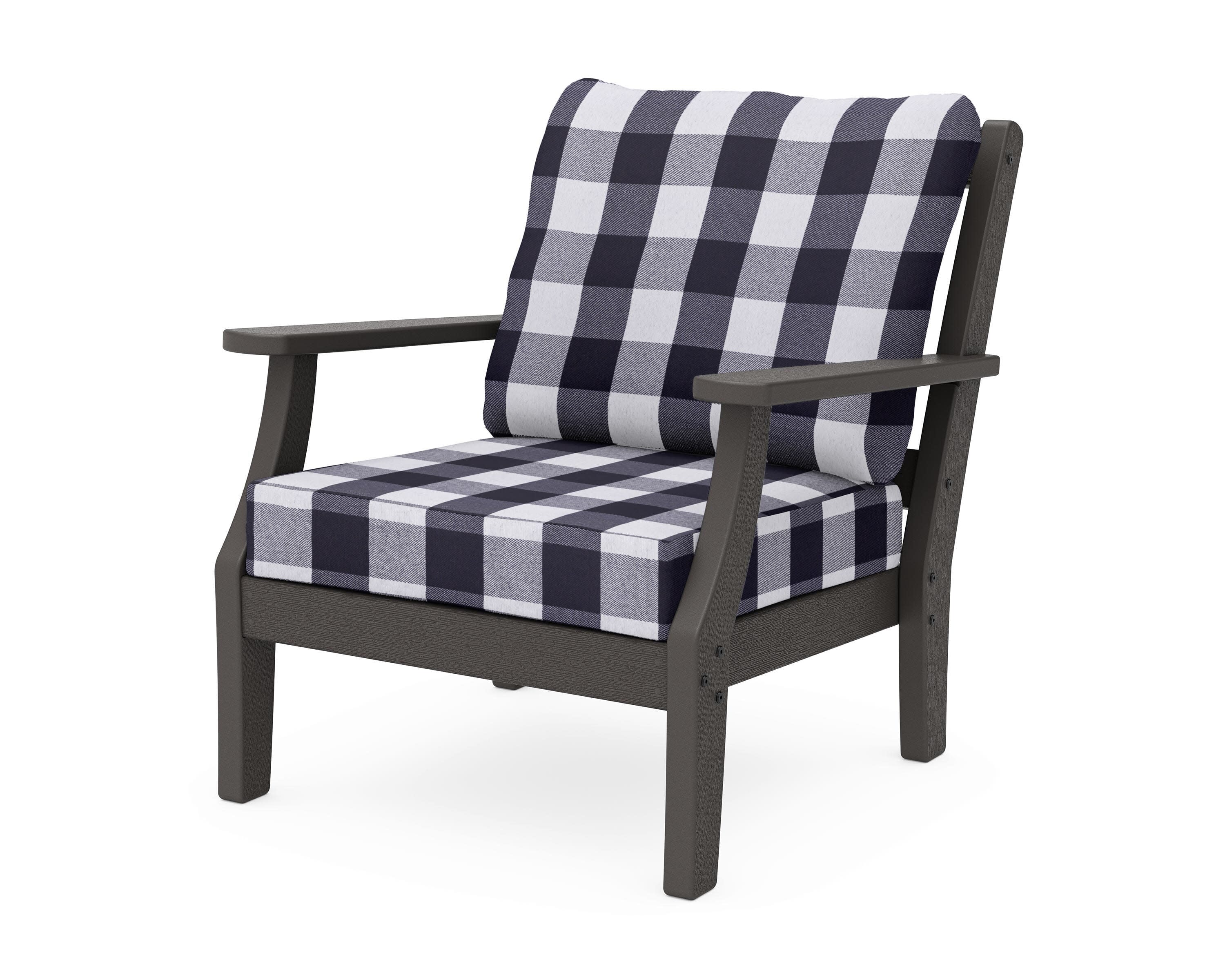 Chinoiserie Deep Seating Chair in Vintage Coffee / Buffalo Plaid Navy