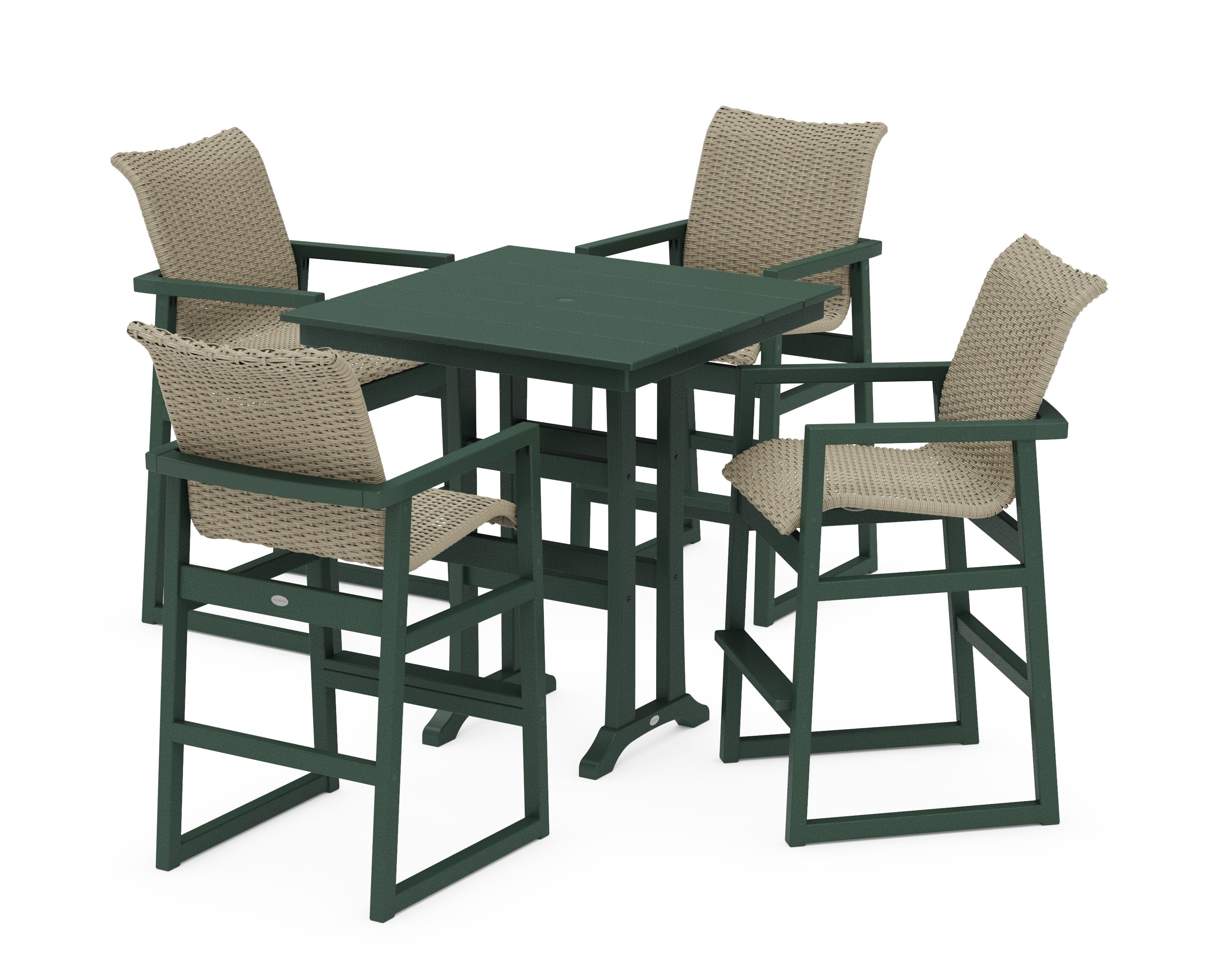 EDGE Woven 5-Piece Farmhouse Bar Set with Trestle Legs in Green / Dune Grass