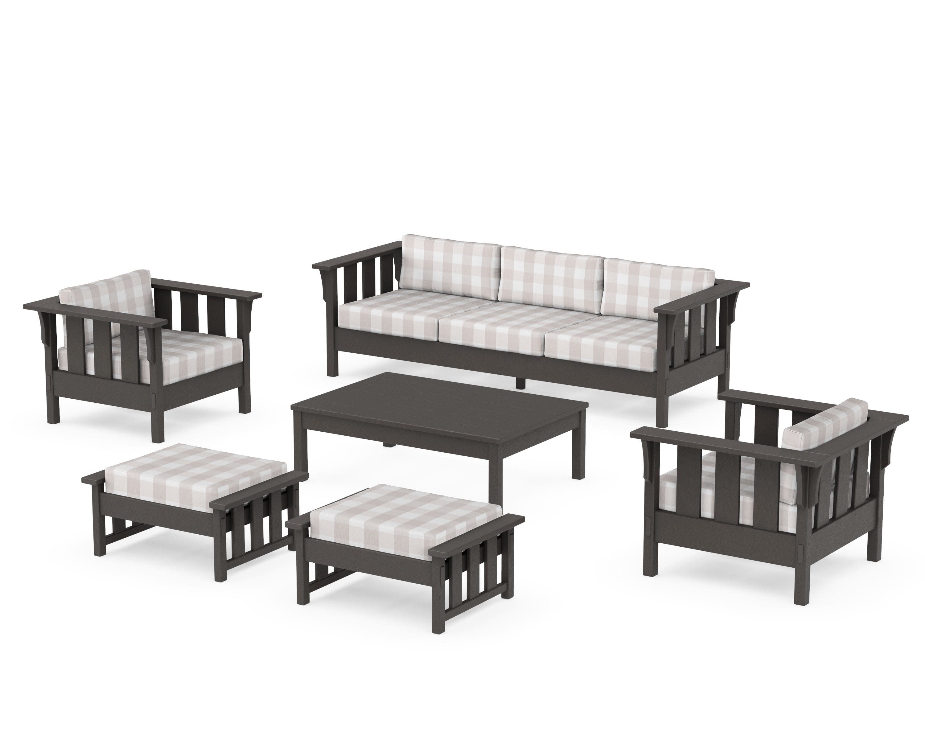 Acadia 6-Piece Lounge Sofa Set in Vintage Coffee / Buffalo Plaid Dune Burlap