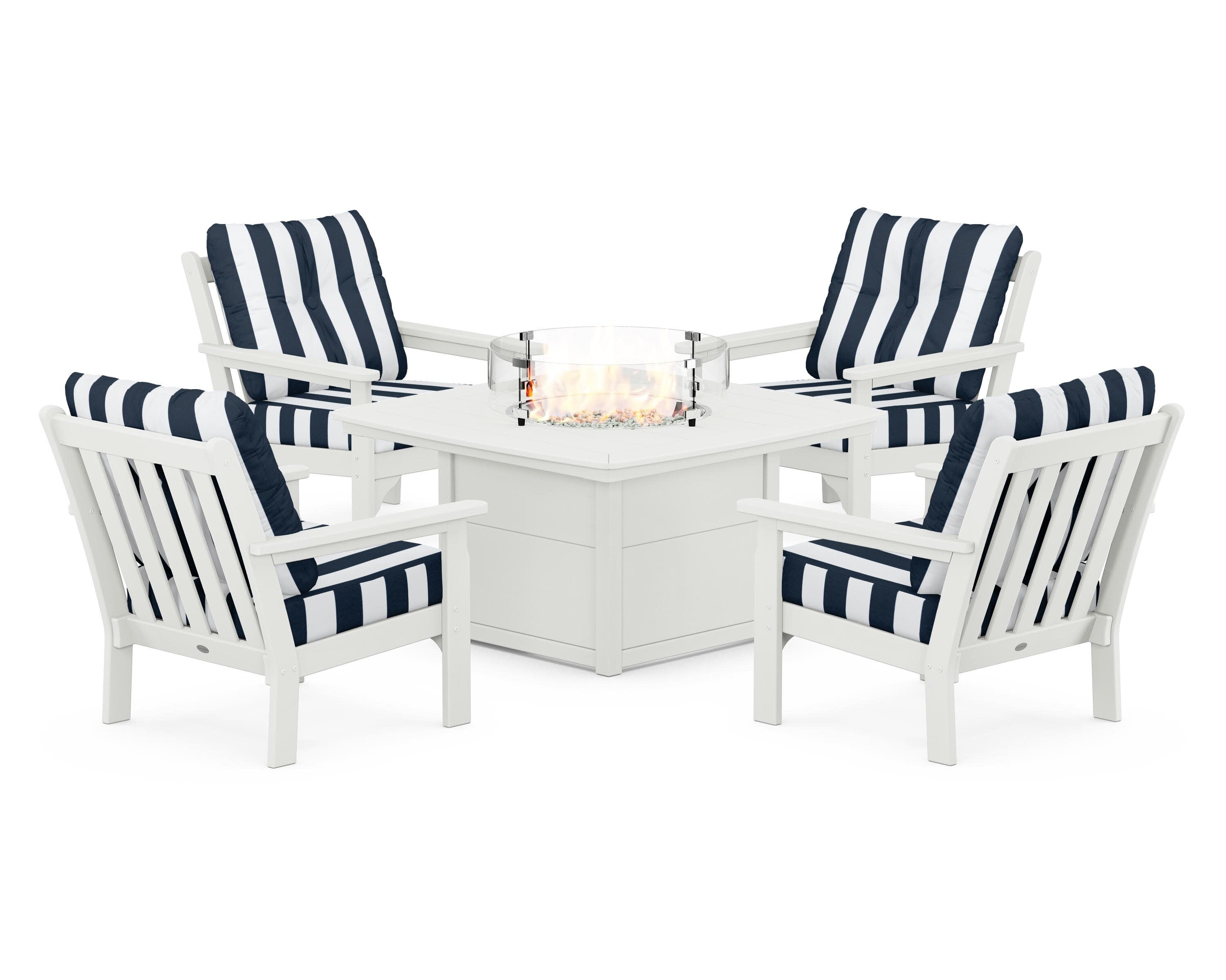 Vineyard 5-Piece Conversation Set with Fire Pit Table in Vintage White / Cabana Stripe Marine Indigo