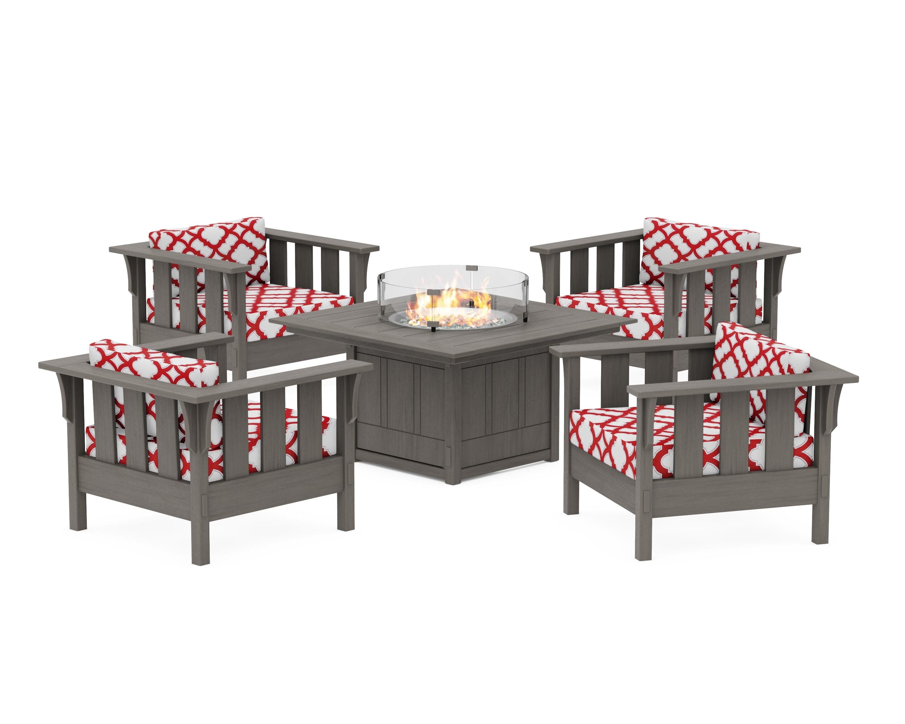 Acadia 5-Piece Deep Seating Set with Fire Pit Table in Driftwood / Trellis Crimson