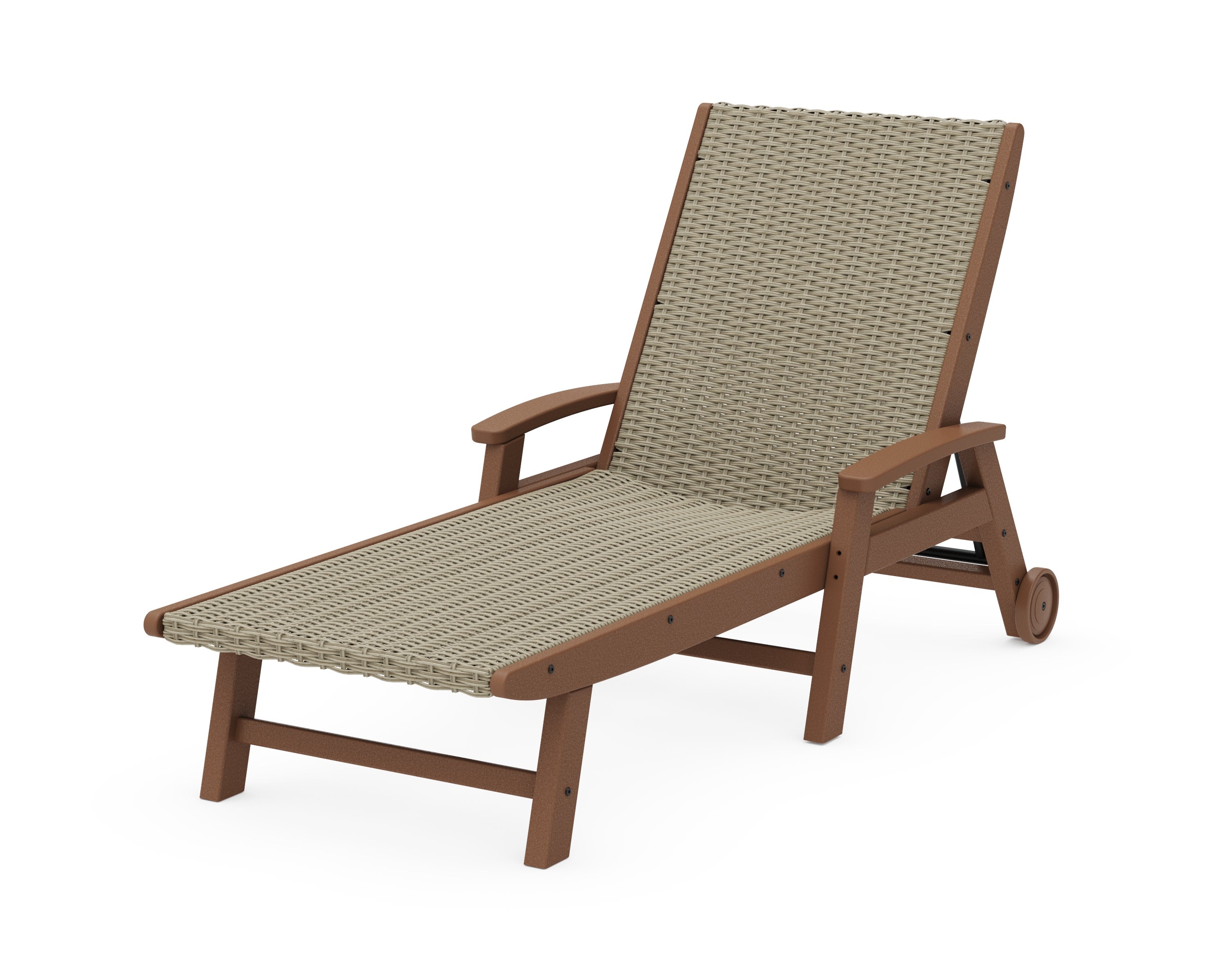 Coastal Woven Chaise with Arms and Wheels in Teak / Dune Grass