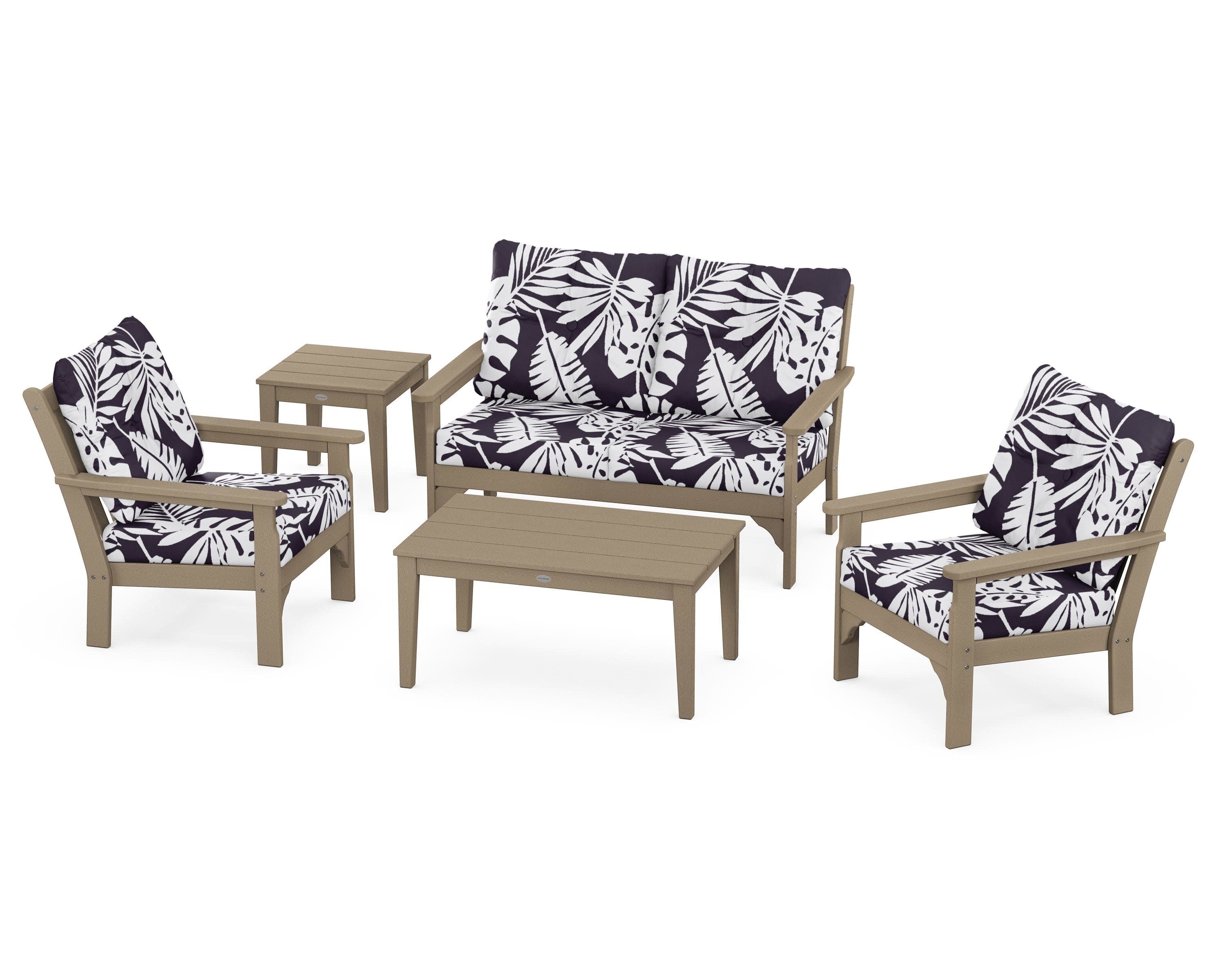 Vineyard 5-Piece Deep Seating Set in Vintage Sahara / Leaf Navy