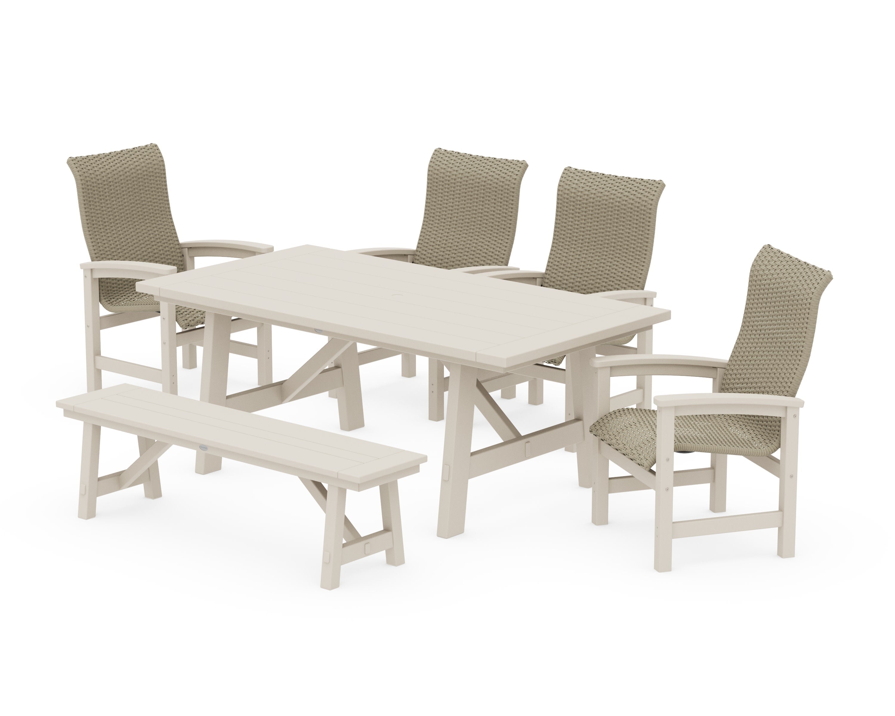 Coastal Woven High-Back 6-Piece Rustic Farmhouse Dining Set with Bench in Sand / Dune Grass