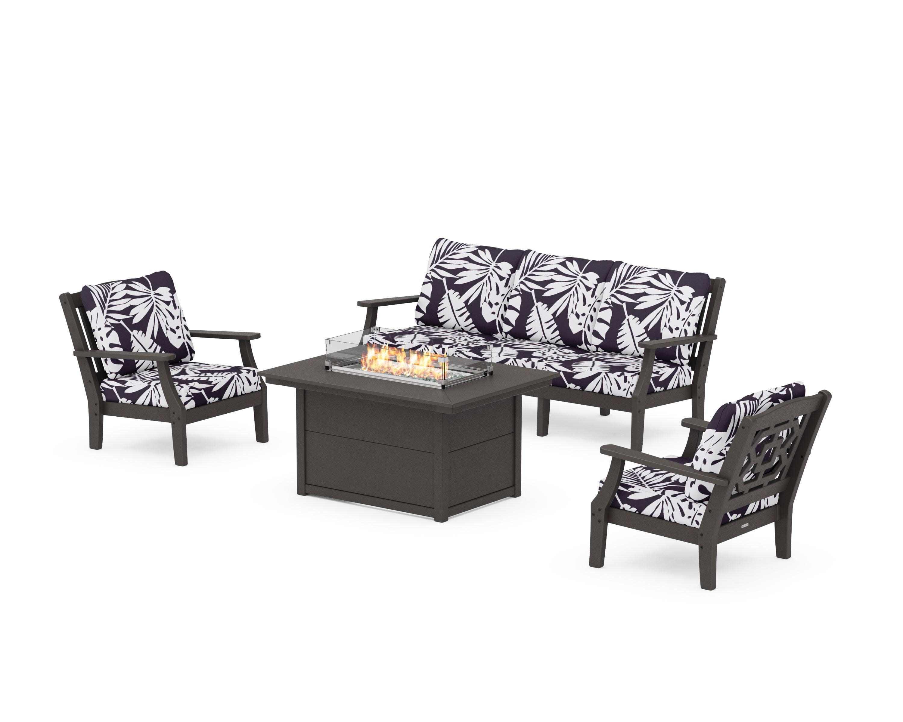 Chinoiserie Deep Seating Fire Pit Table Set in Vintage Coffee / Leaf Navy