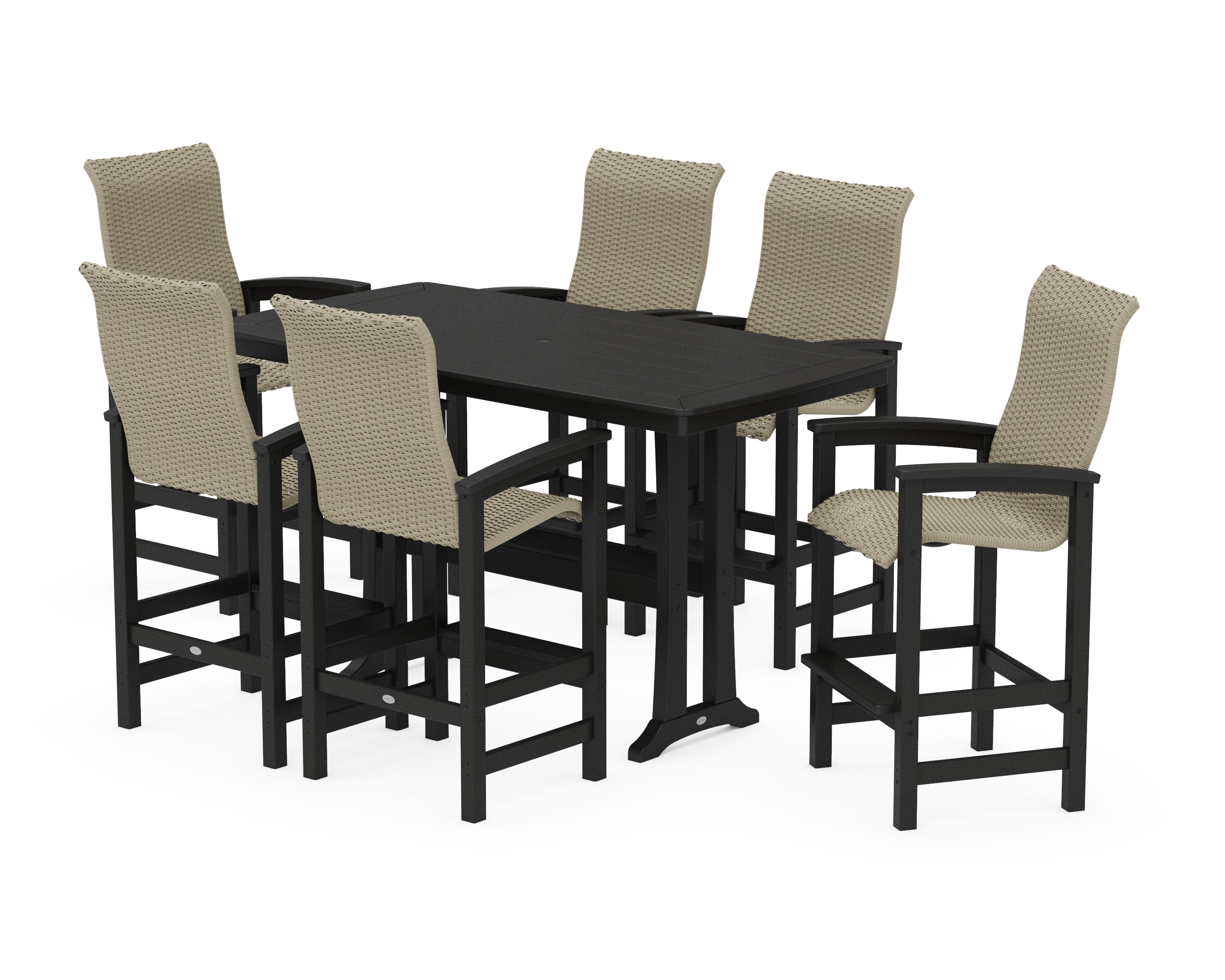 Coastal Woven High-Back Arm Chair 7-Piece Bar Set with Trestle Legs in Black / Dune Grass