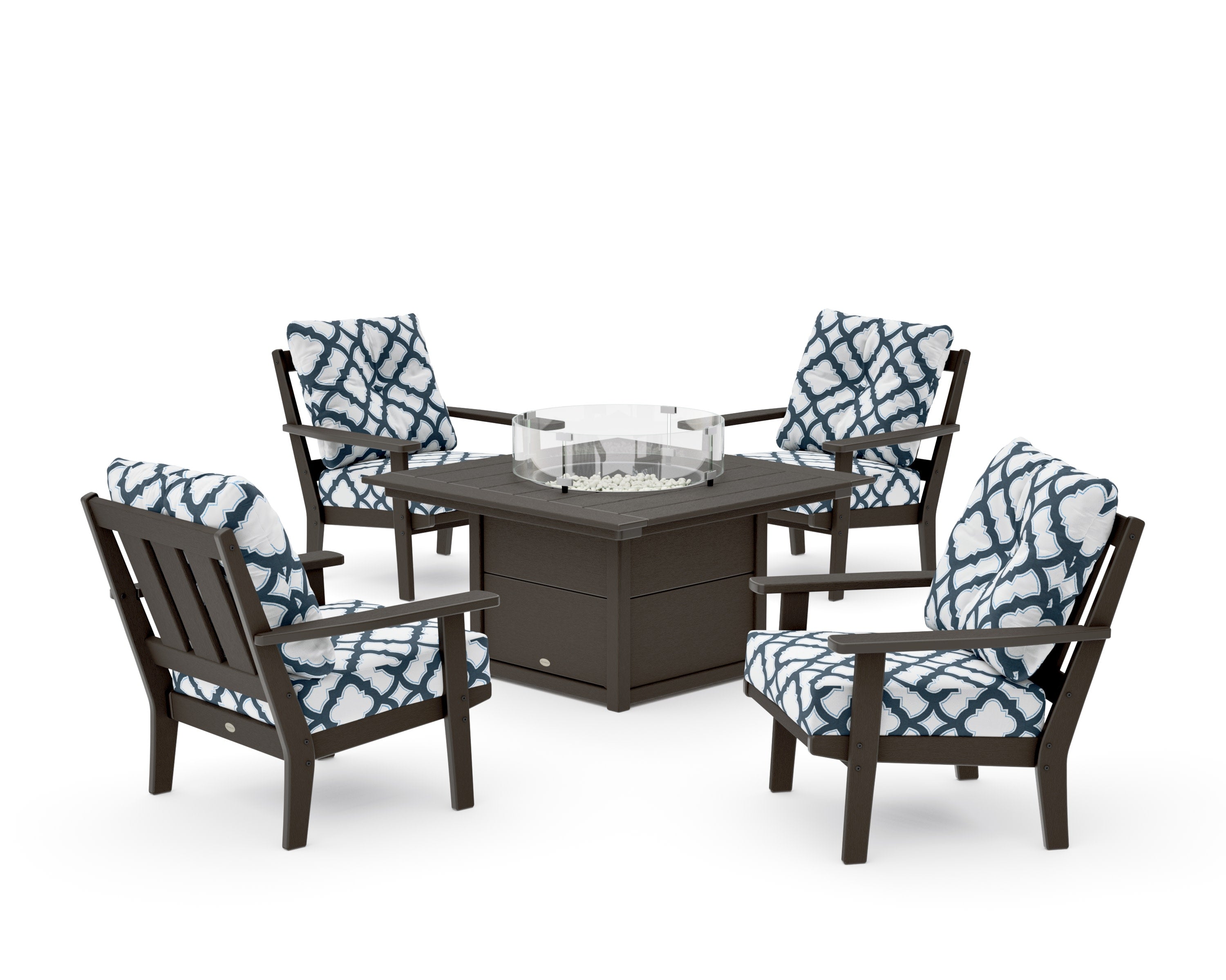 Oxford 5-Piece Deep Seating Set with Fire Pit Table in Vintage Coffee / Trellis Marine Indigo