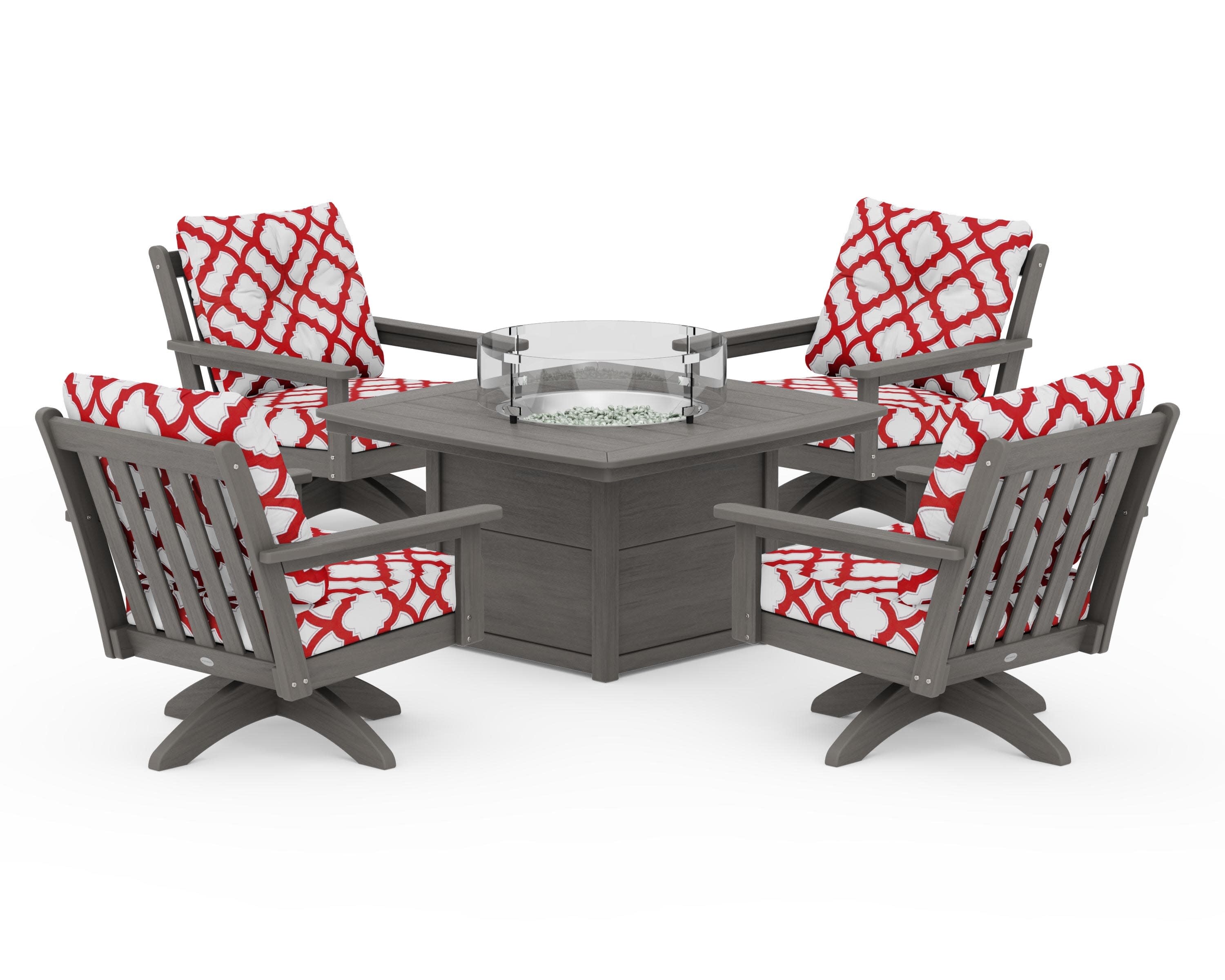 Vineyard 5-Piece Deep Seating Swivel Conversation Set with Fire Pit Table in Driftwood / Trellis Crimson