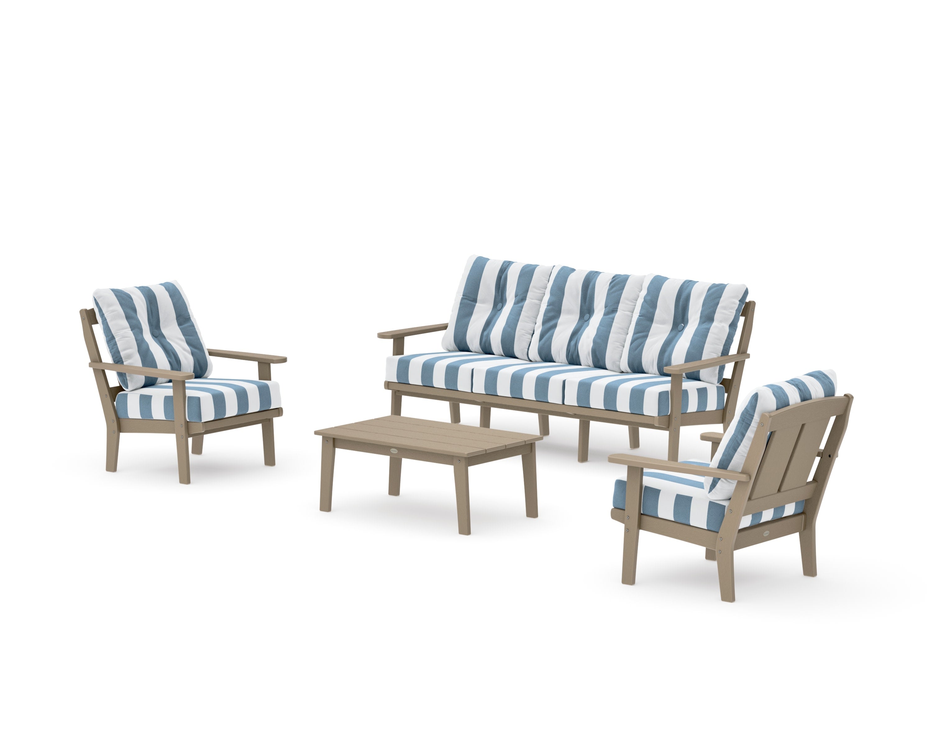 Mission 4-Piece Deep Seating Set with Sofa in Vintage Sahara / Cabana Stripe Sky Blue