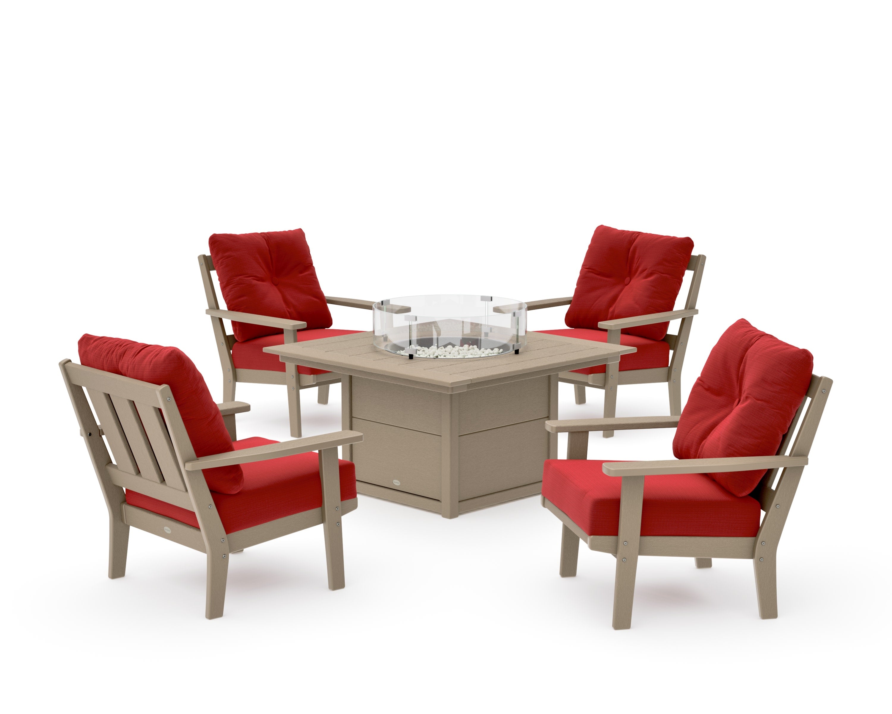 Oxford 5-Piece Deep Seating Set with Fire Pit Table in Vintage Sahara / Crimson Linen