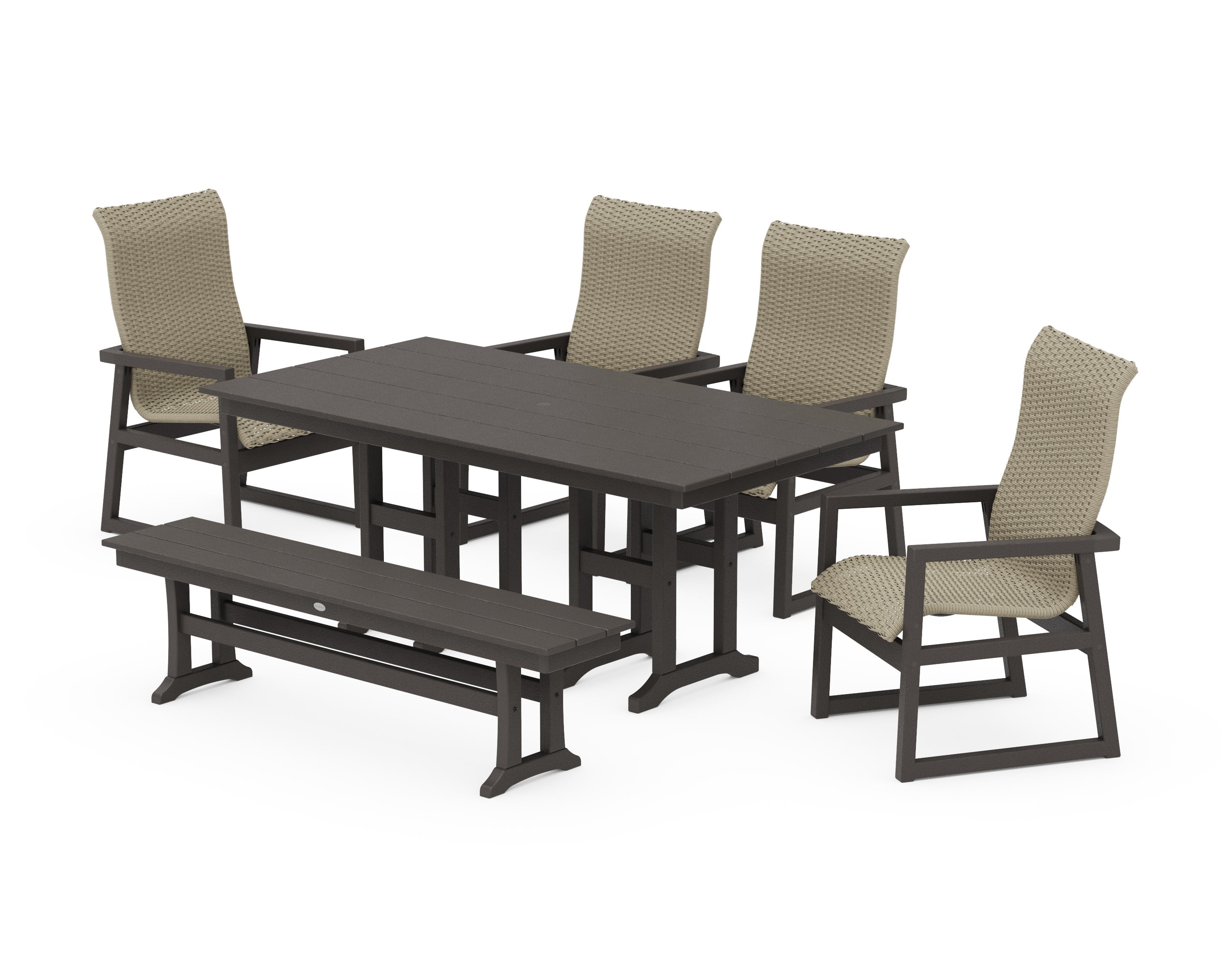 EDGE Woven Highback 6-Piece Farmhouse Dining Set with Bench in Vintage Coffee / Dune Grass