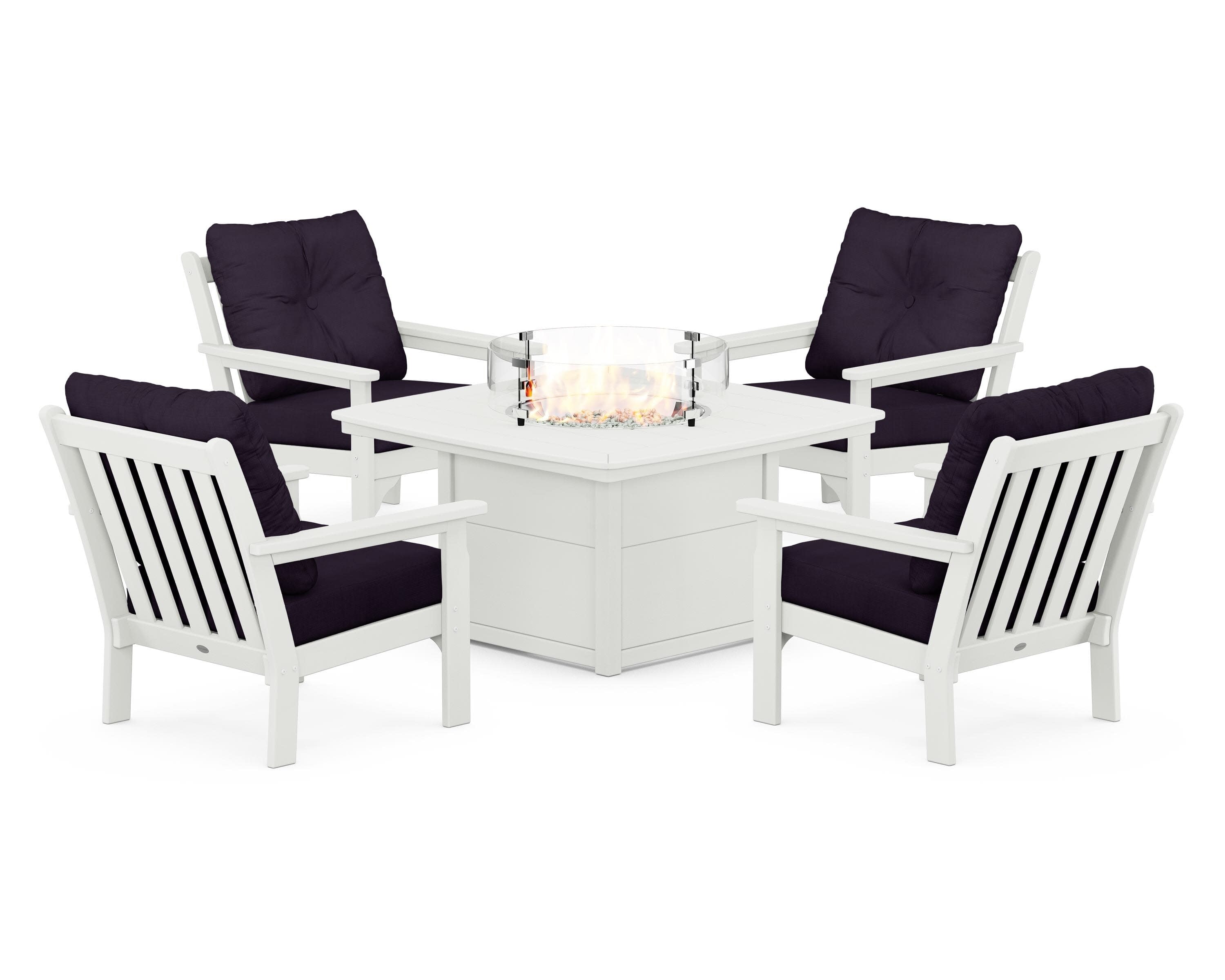 Vineyard 5-Piece Conversation Set with Fire Pit Table in Vintage White / Navy Linen