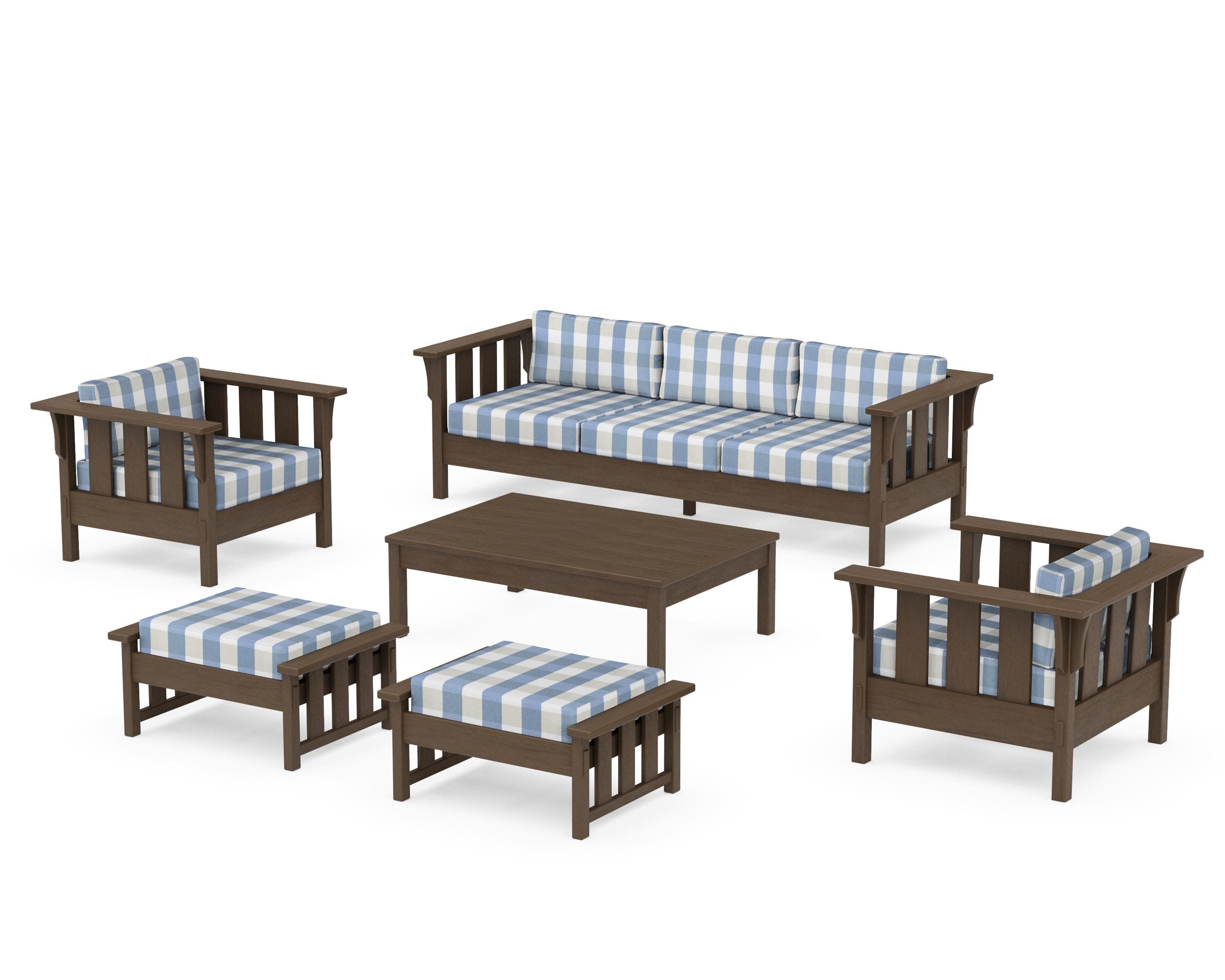 Acadia 6-Piece Lounge Sofa Set in Kona / Buffalo Plaid Sky Blue