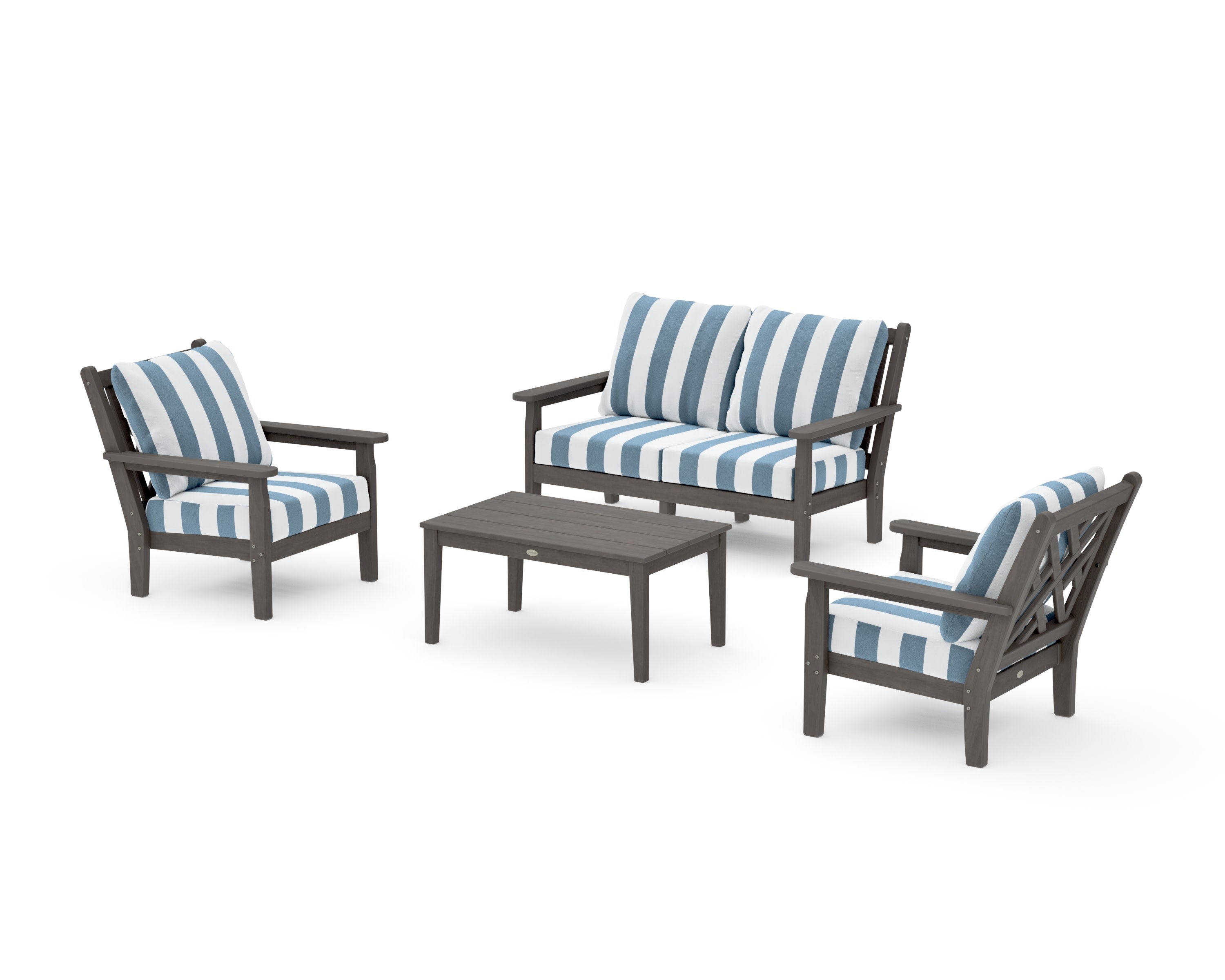 Chippendale 4-Piece Deep Seating Set with Loveseat in Driftwood / Cabana Stripe Sky Blue