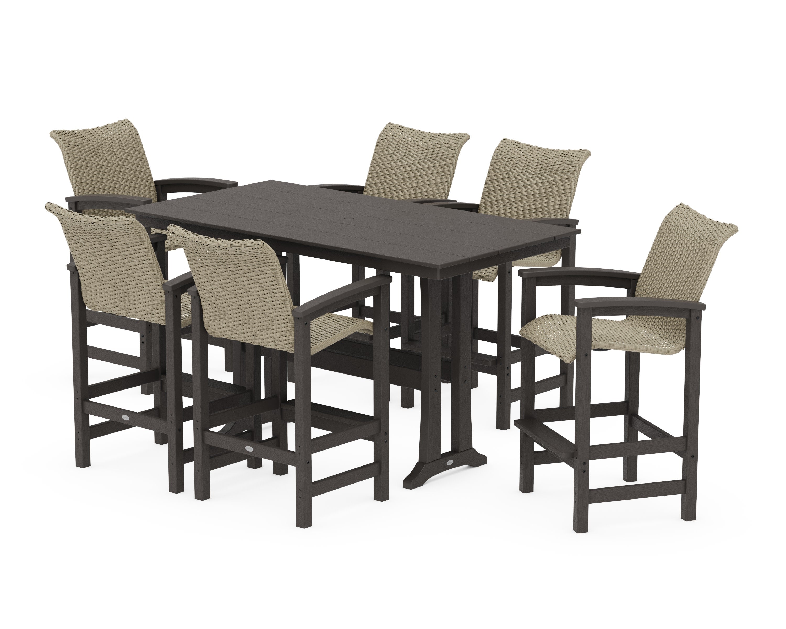 Coastal Woven Arm Chair 7-Piece Farmhouse Bar Set with Trestle Legs in Vintage Coffee / Dune Grass