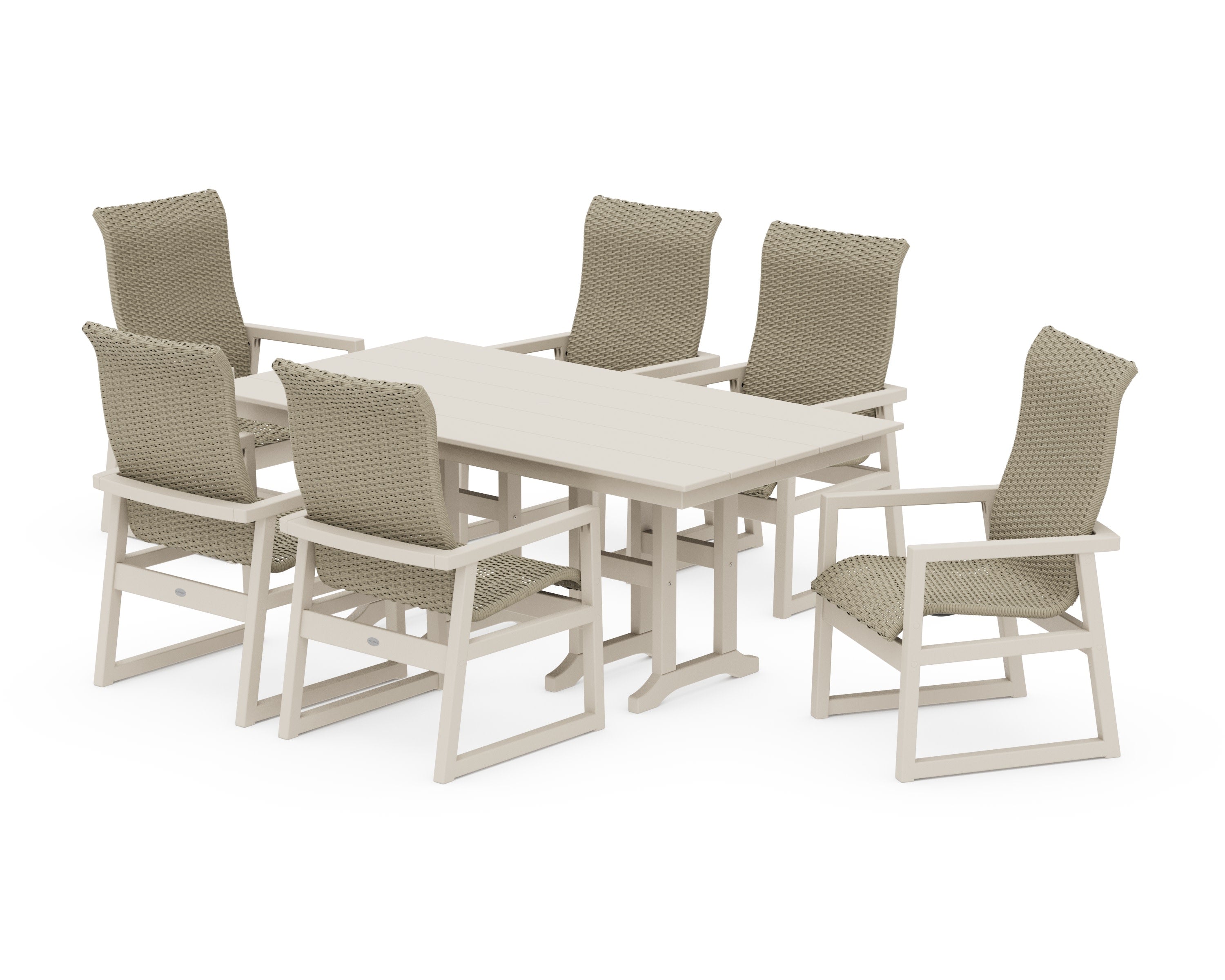 EDGE Woven Highback Arm Chair 7-Piece Farmhouse Dining Set in Sand / Dune Grass