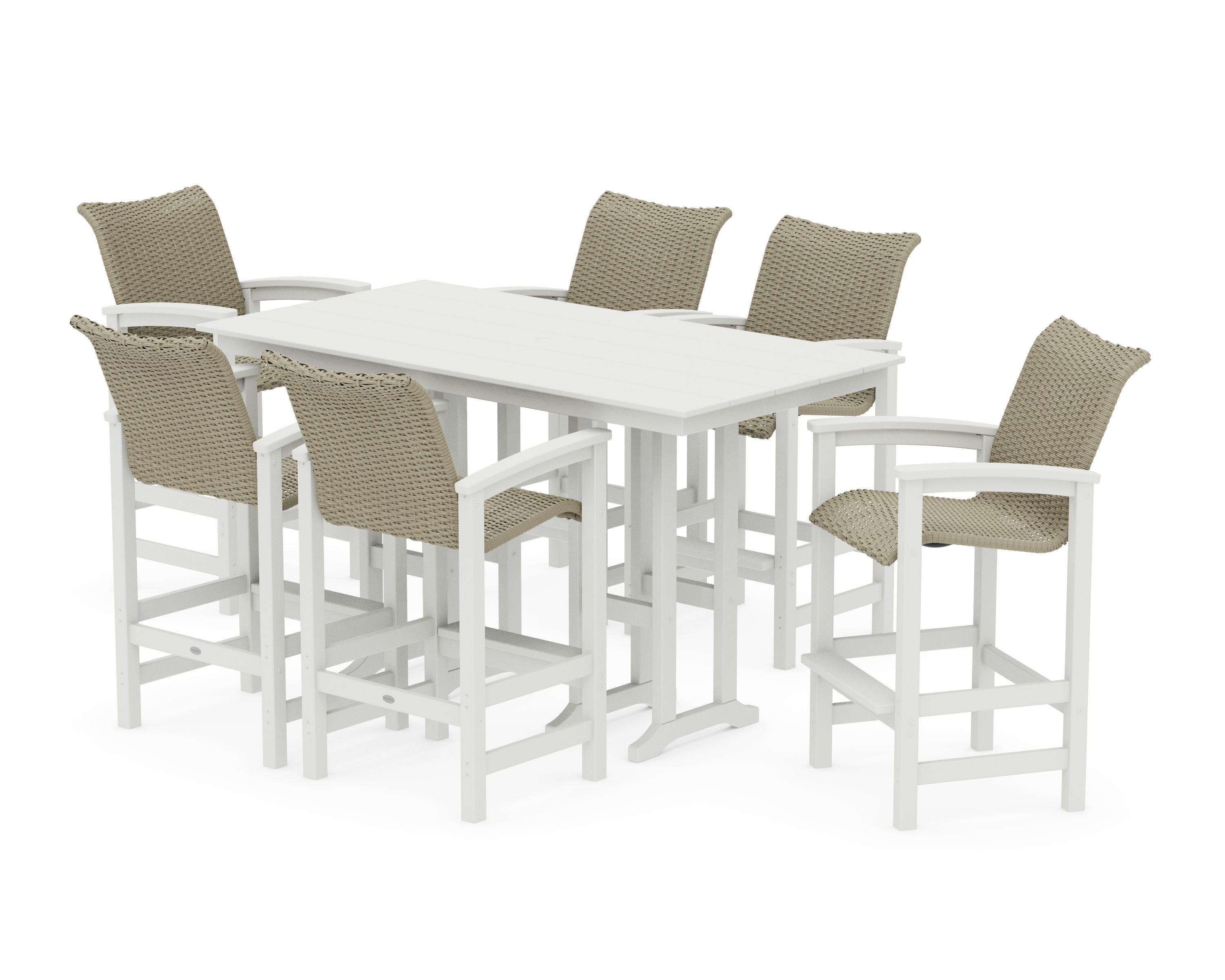 Coastal Woven Arm Chair 7-Piece Farmhouse Bar Set in White / Dune Grass