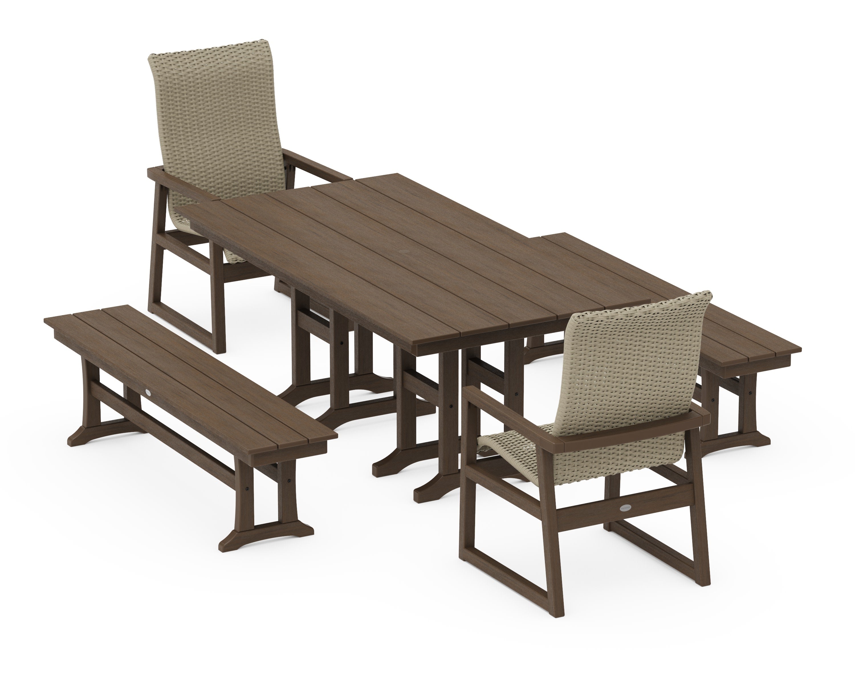 EDGE Woven Highback 5-Piece Farmhouse Dining Set with Benches in Kona / Dune Grass